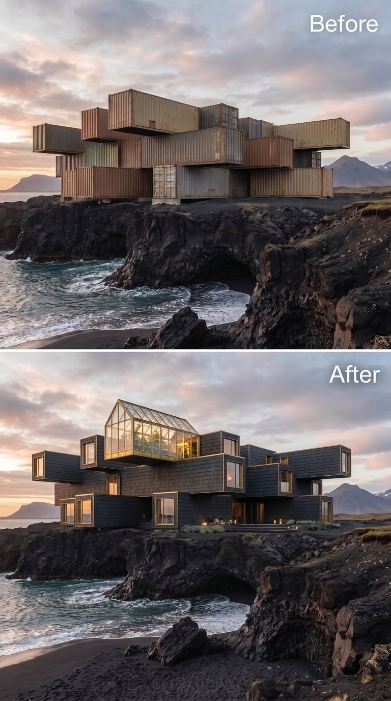 Dark Slate Shingles and a Glass Greenhouse Crown Above Iceland's Volcanic Shore