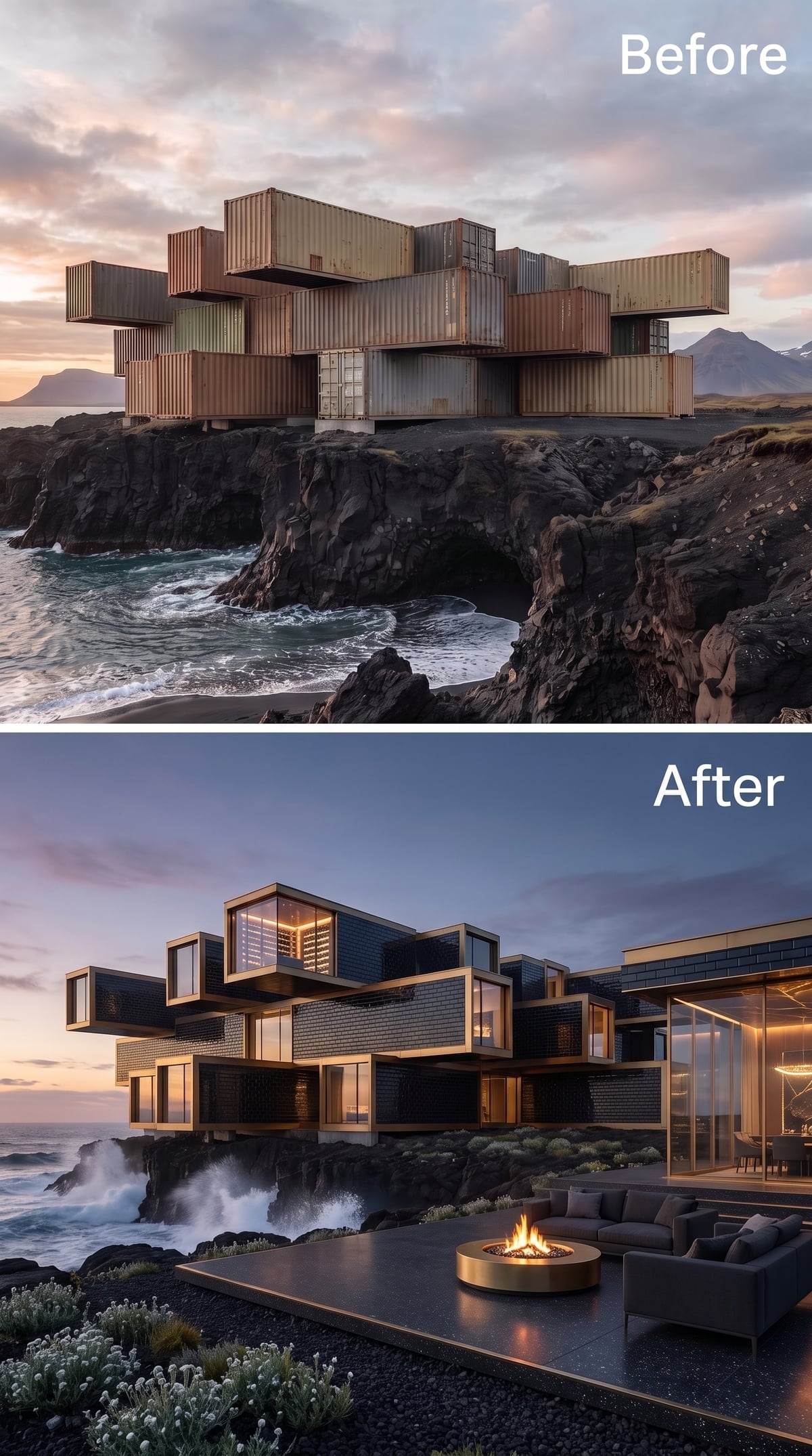 Dark Tile Volumes and a Sunken Fire Pit Facing Iceland's Lava Shore