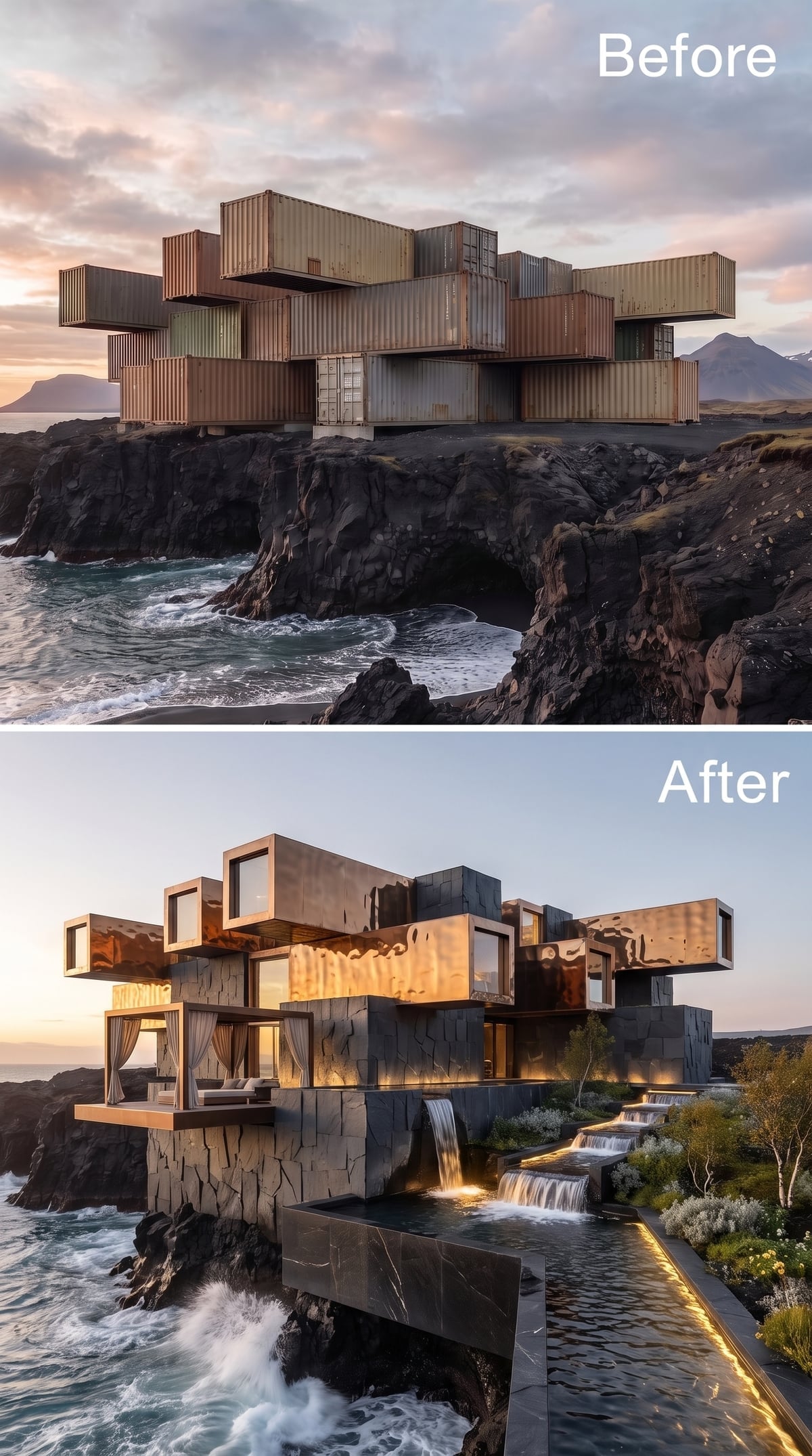 Fractured Stone Volumes and Cascading Water on Iceland's Lava Coast