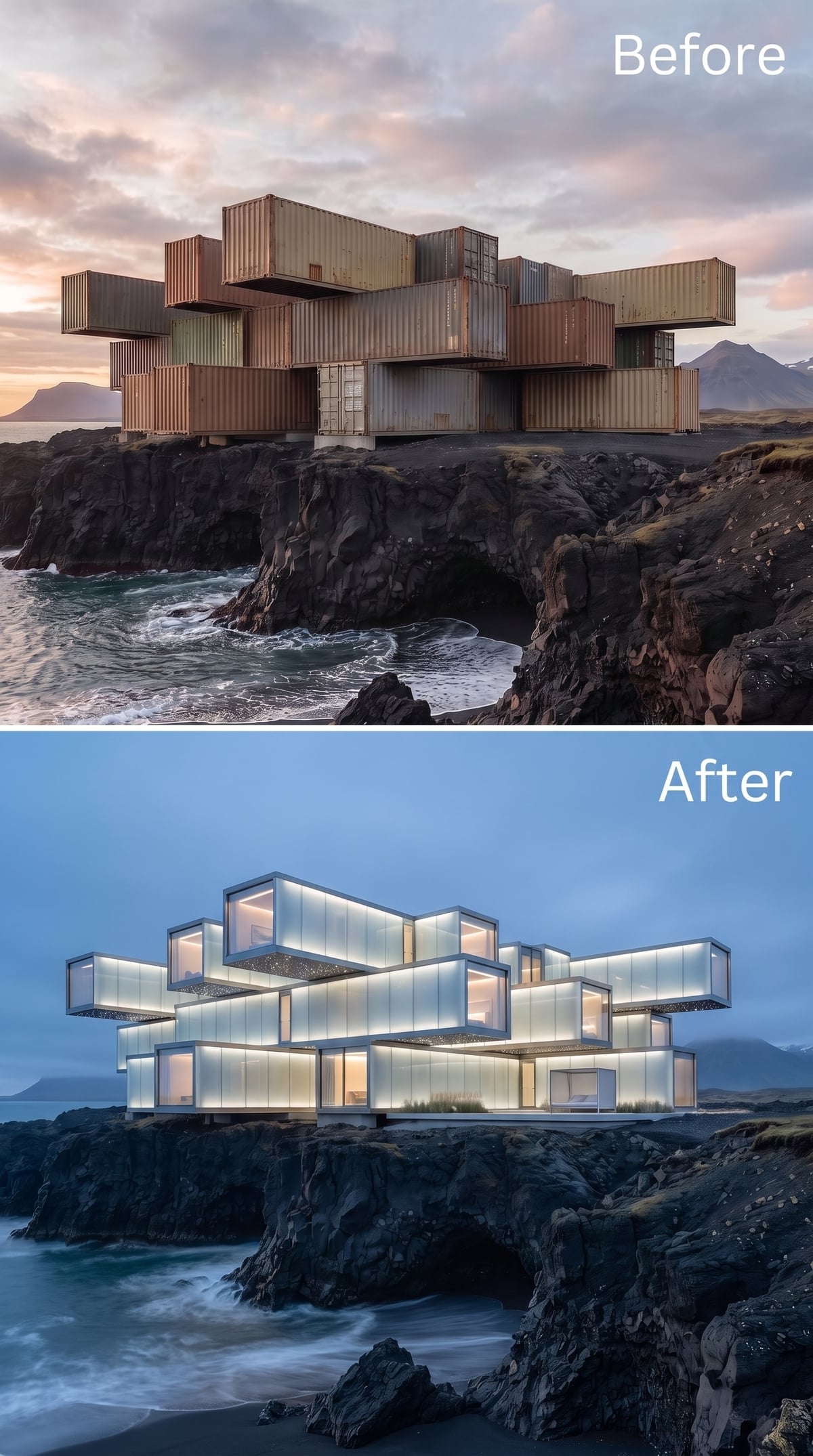 Frosted Glass Volumes and Warm Interior Light Glowing Over Iceland's Lava Cliffs
