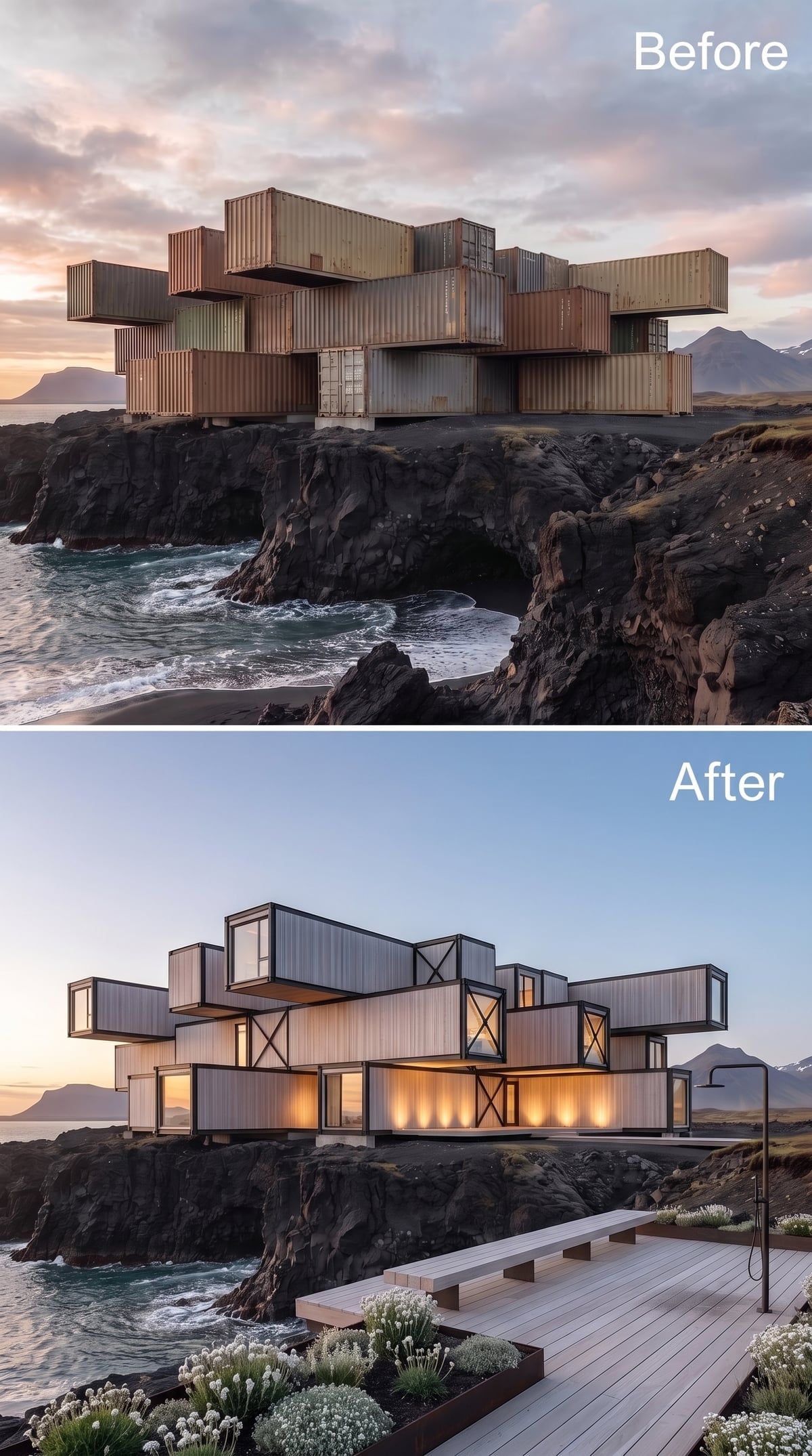 Light Wood Cladding and Cross-Braced Steel Volumes Cantilevered Over Iceland's Lava Shore