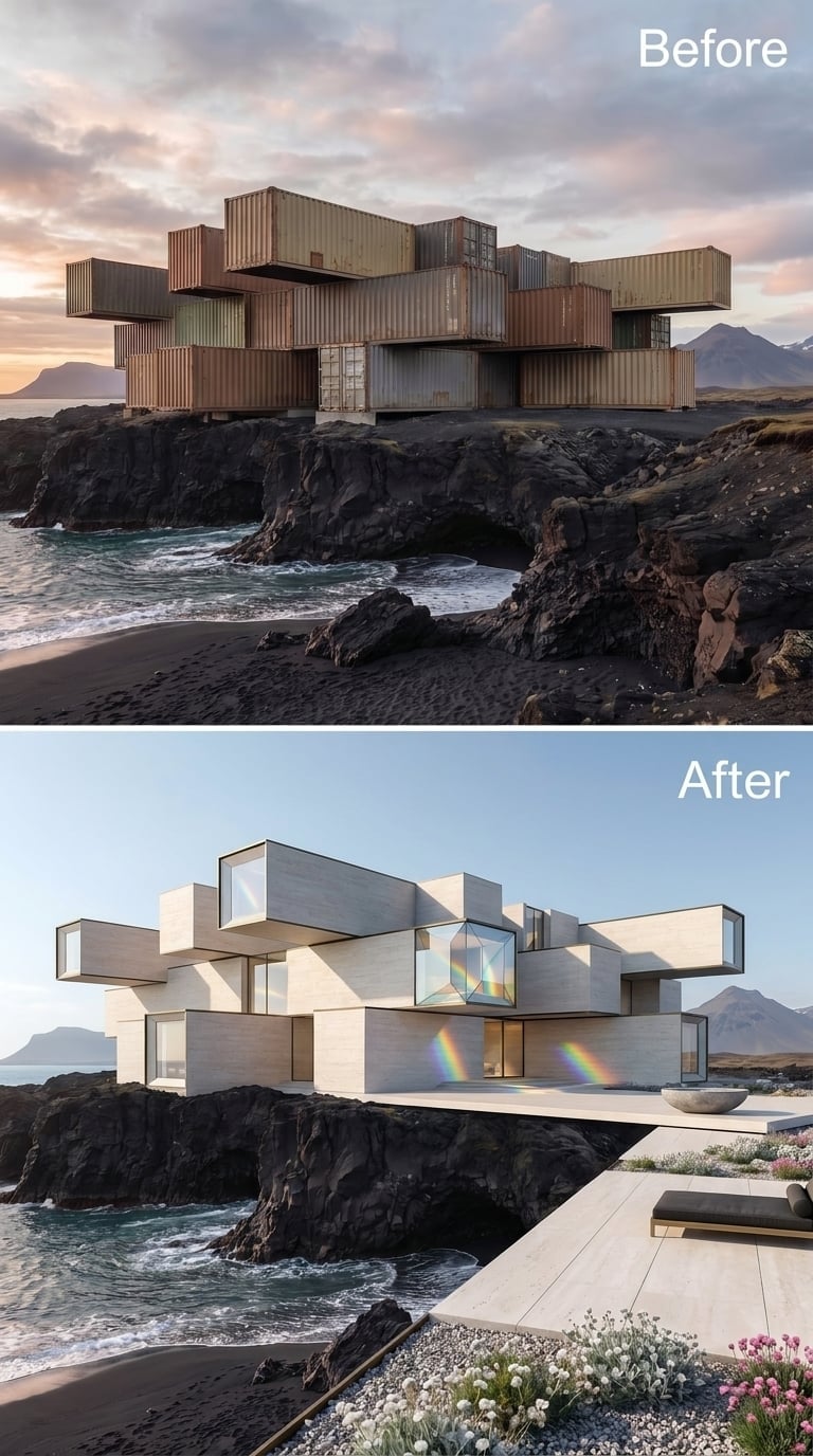 Limestone-Toned Volumes and a Prism Core Cantilevered Over Iceland's Lava Cliffs