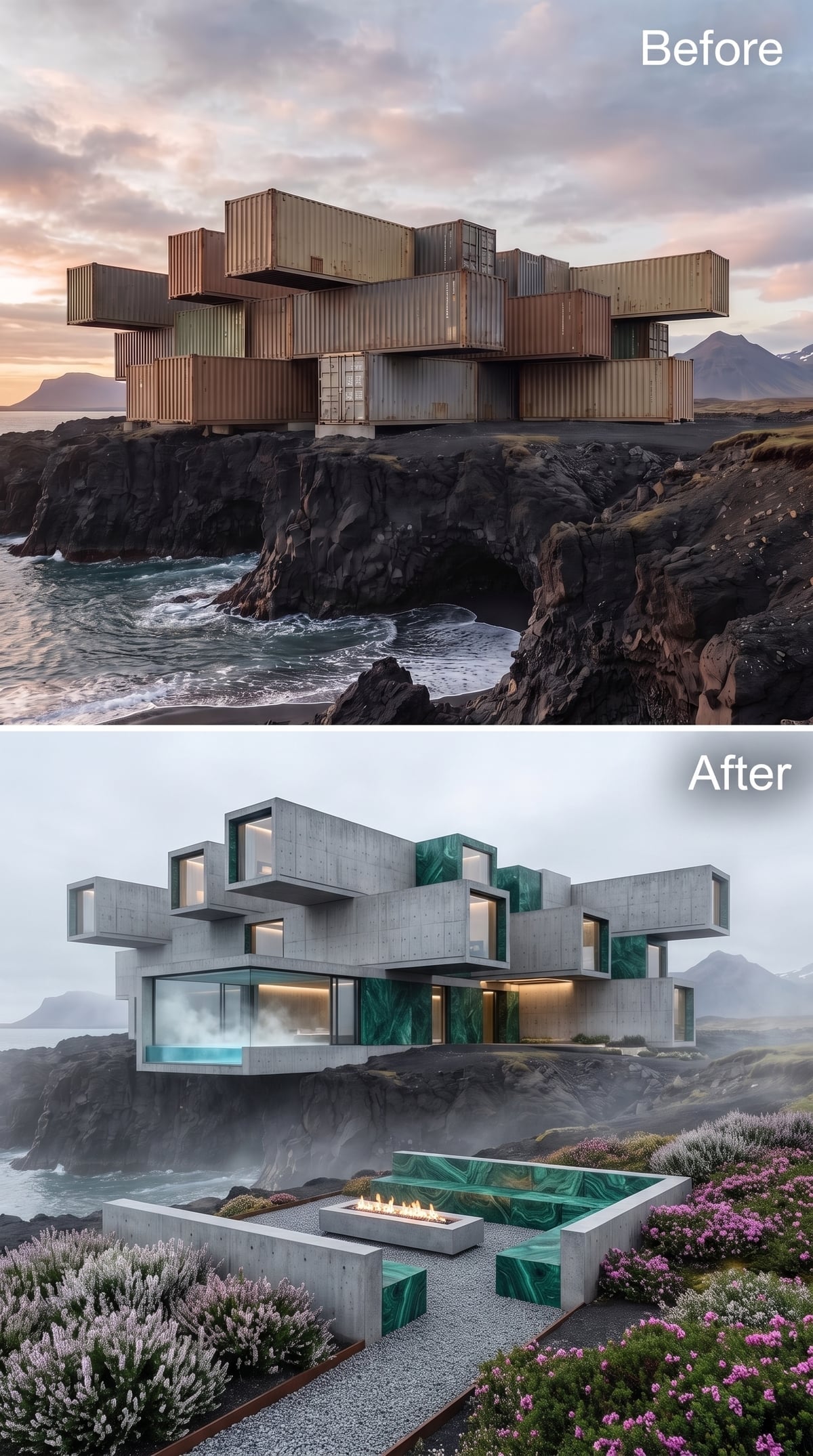 Malachite Panels and Cantilevered Concrete Volumes Hovering Over Iceland's Volcanic Cliffs