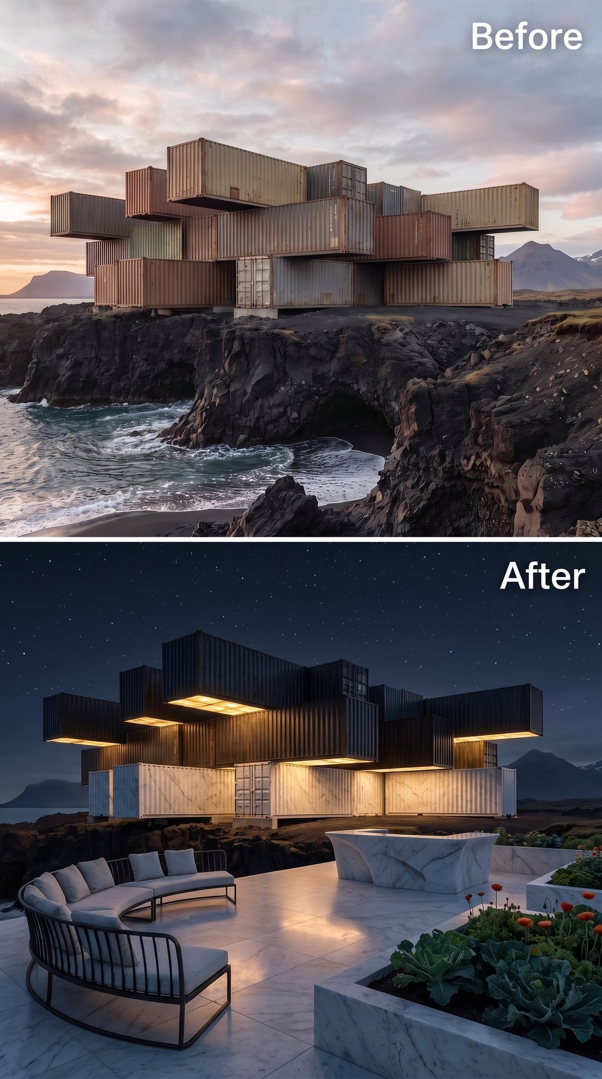 Matte Black Containers and Marble Cladding Under Iceland's Star-Filled Sky