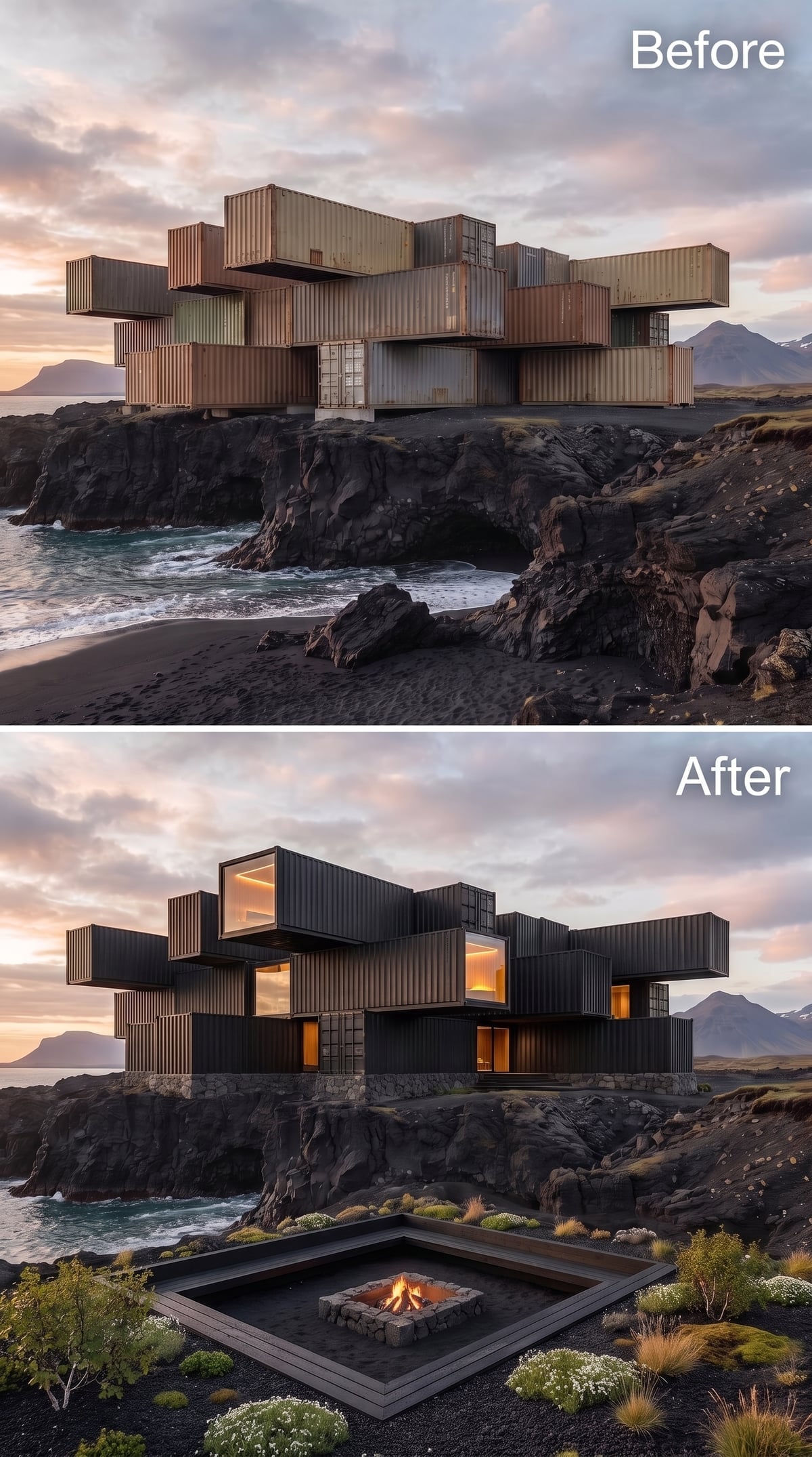 Matte Black Containers, Warm Interior Light, and a Stone Fire Pit Terrace on Iceland's Volcanic Shore