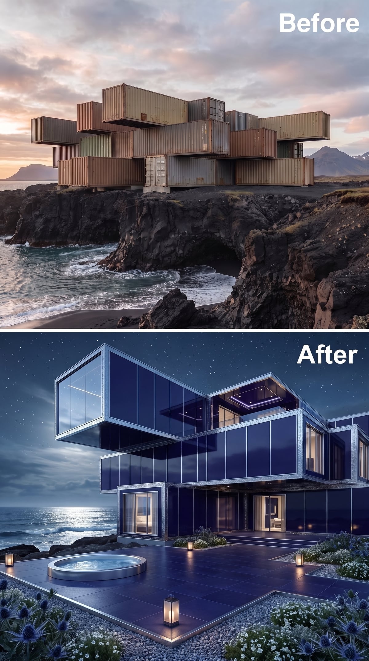Midnight Blue Glass Volumes and a Circular Hot Tub Anchored to Iceland's Volcanic Cliffs