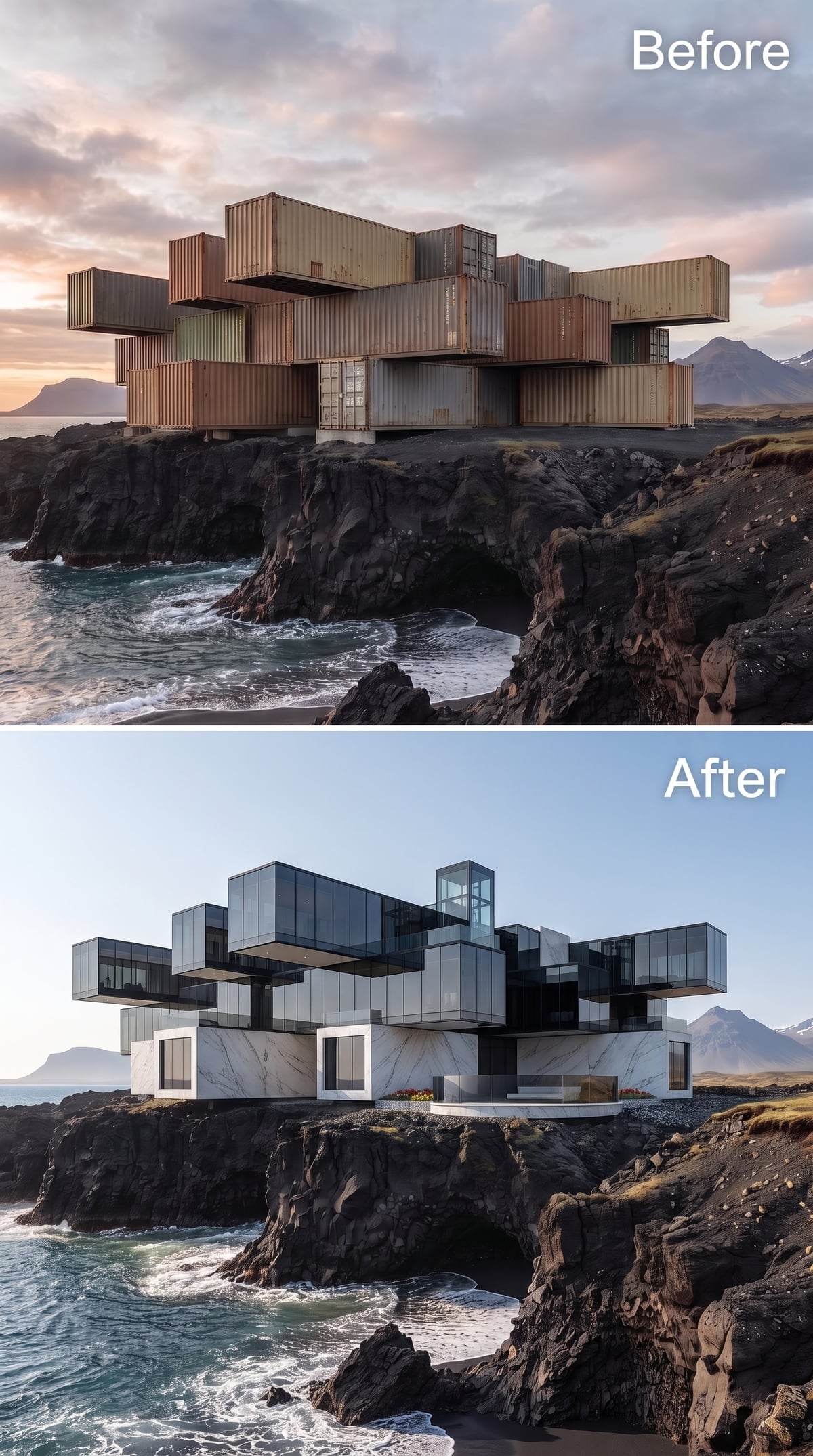 Mirror, Marble, and Cantilevered Glass Stacked Over Volcanic Rock