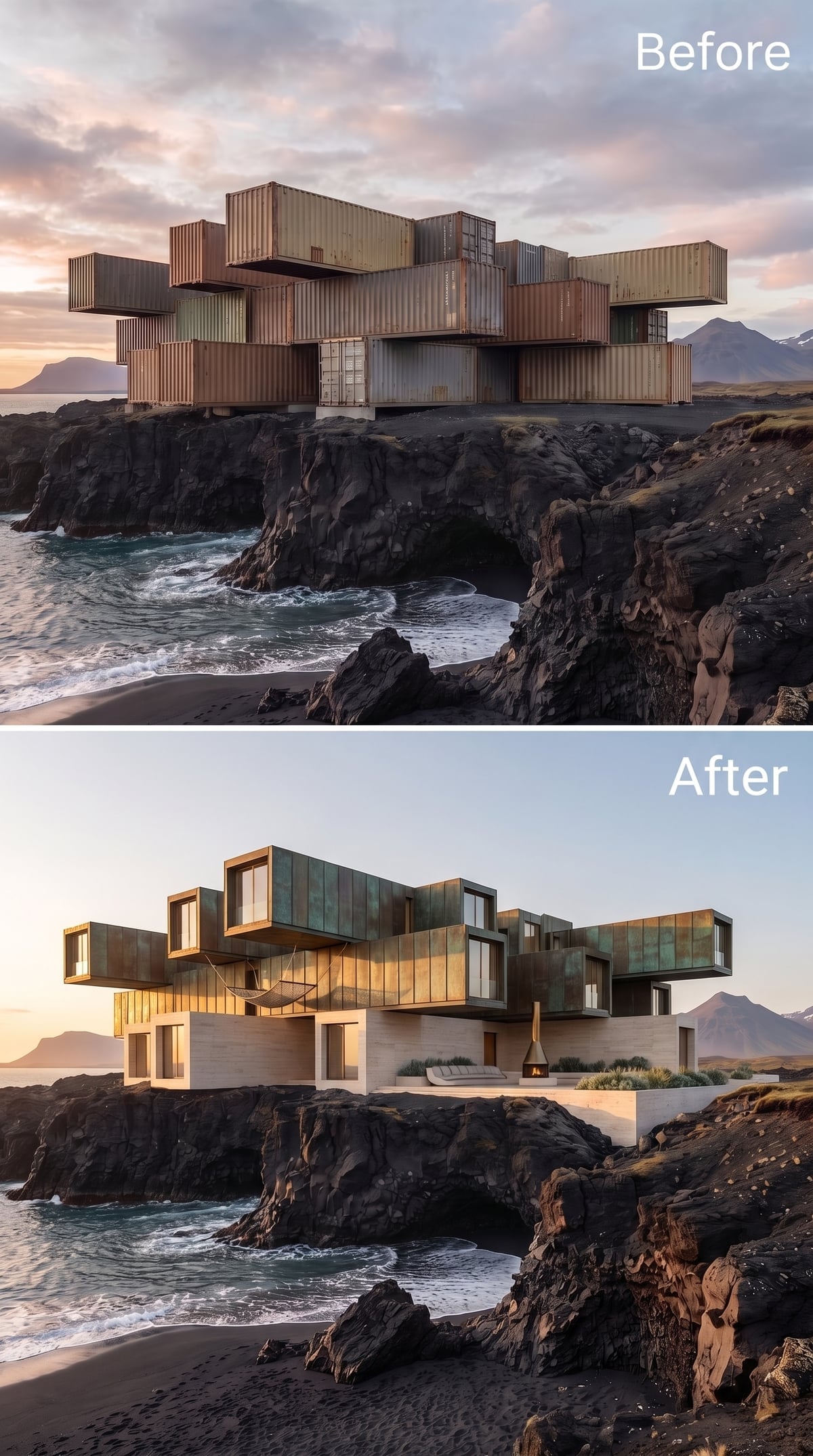 Patinated Copper Volumes and Golden-Lit Glass Cantilevered Over Black Lava