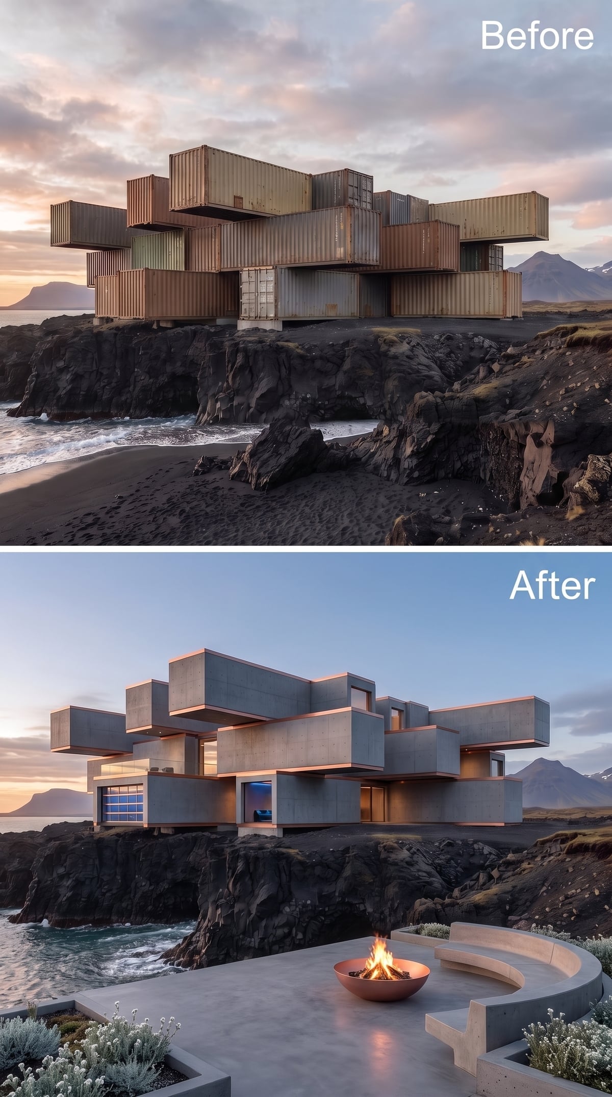 Poured Concrete Volumes and a Fire Bowl Above Iceland's Lava Shore