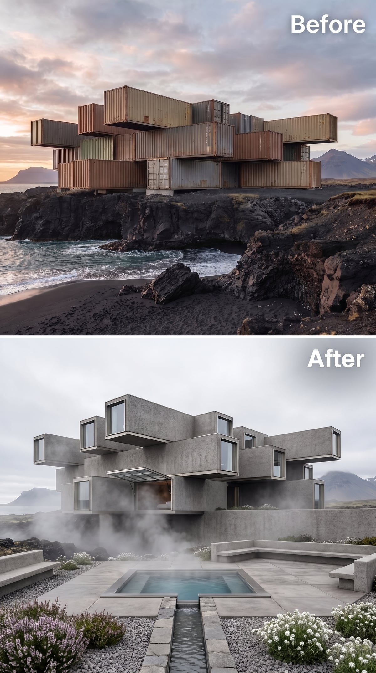 Raw Concrete Volumes and Steam Rising From a Pool on Iceland's Lava Coast