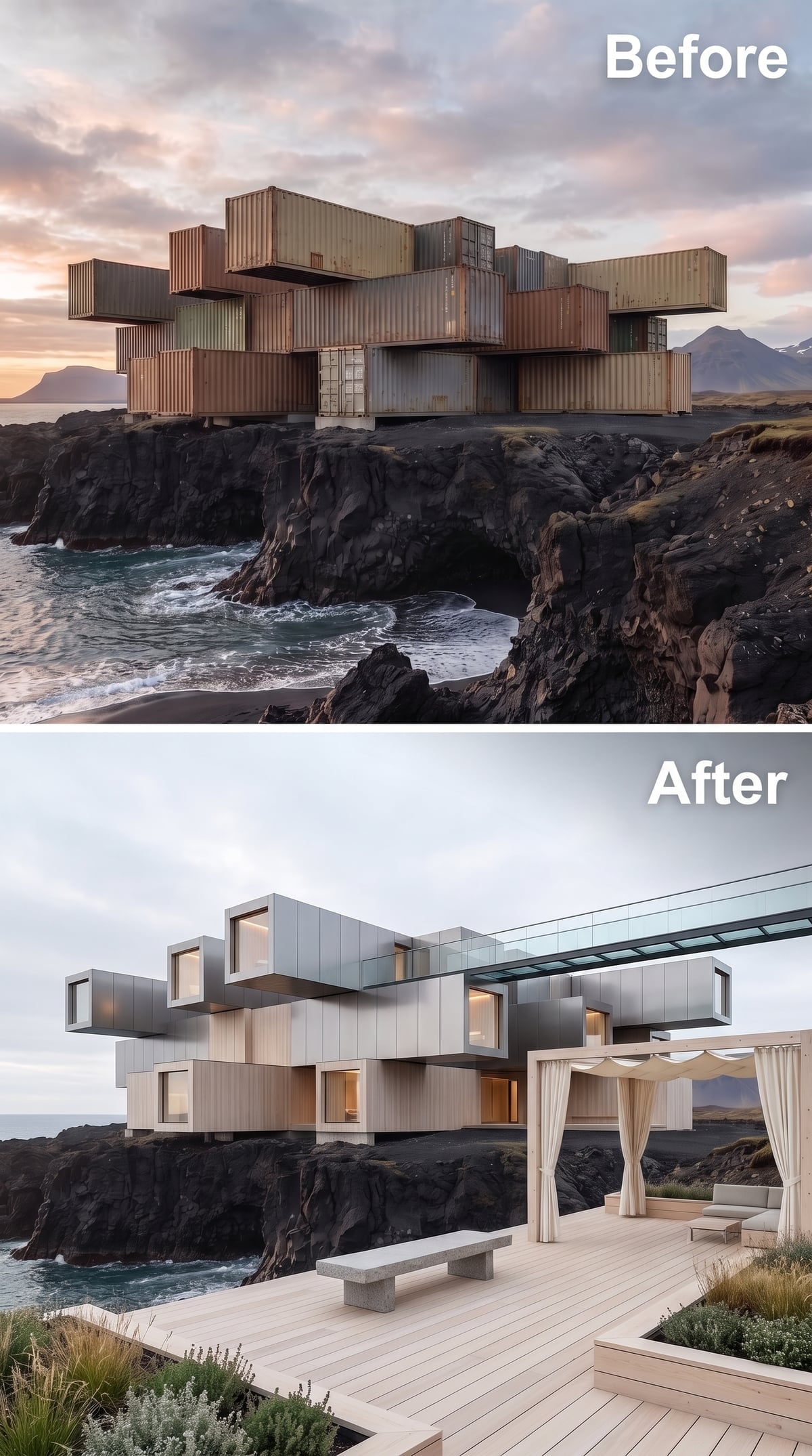 Silver Panel Volumes and a Driftwood Deck Cantilevered Over Iceland's Lava Shore