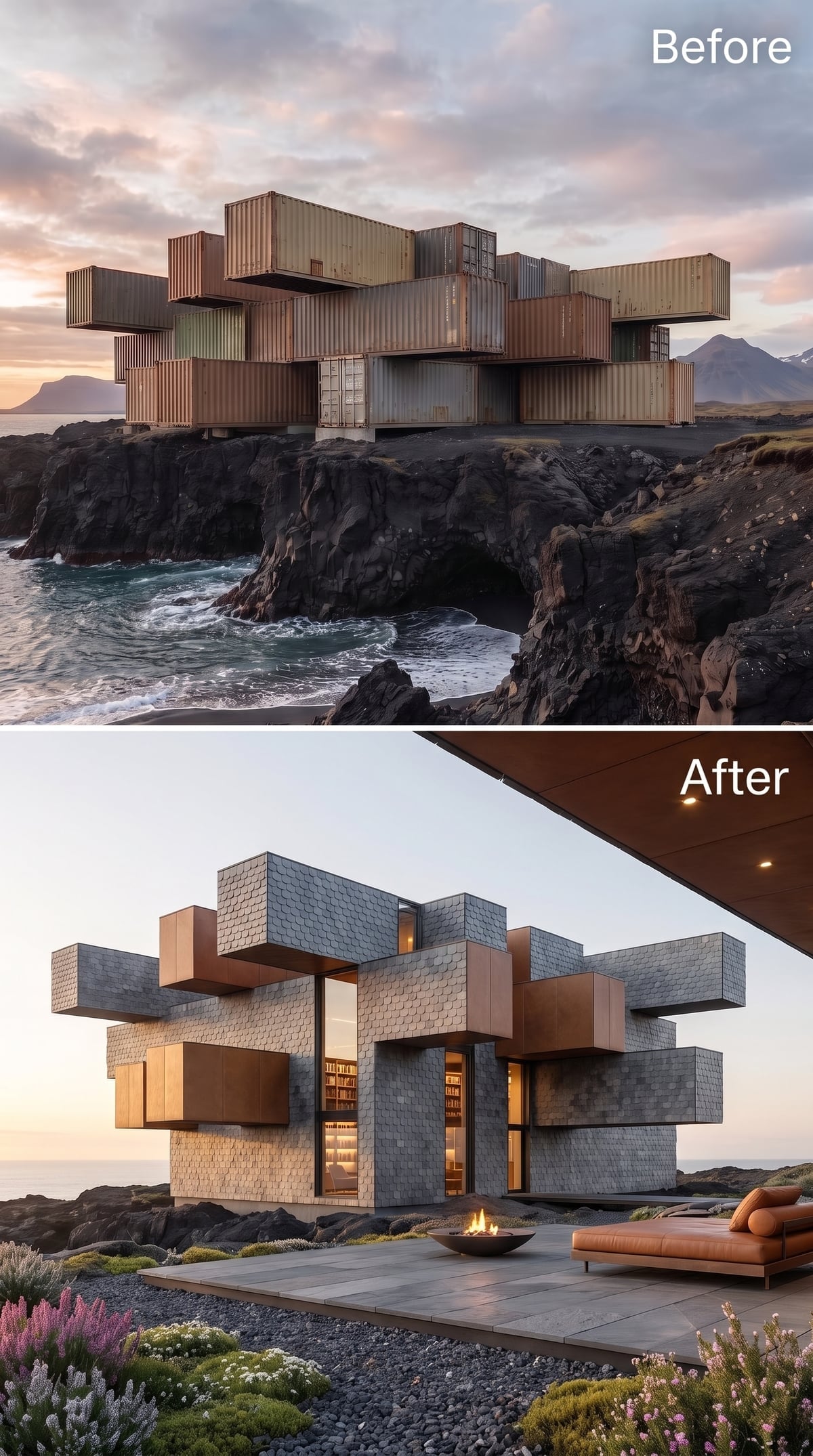 Slate Shingles and Copper Panels Stack Into Interlocking Volumes on Volcanic Rock