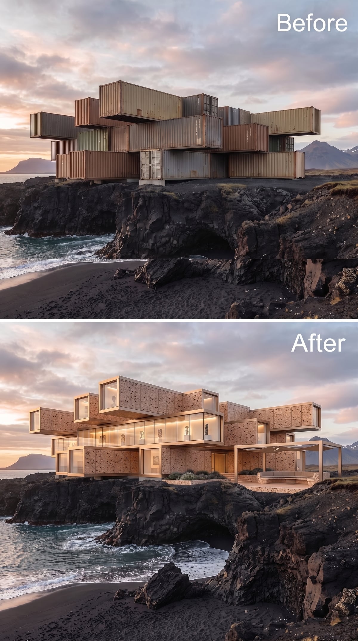 Speckled Stone Cladding and Glass Volumes Cantilevered Over Iceland's Lava Shore