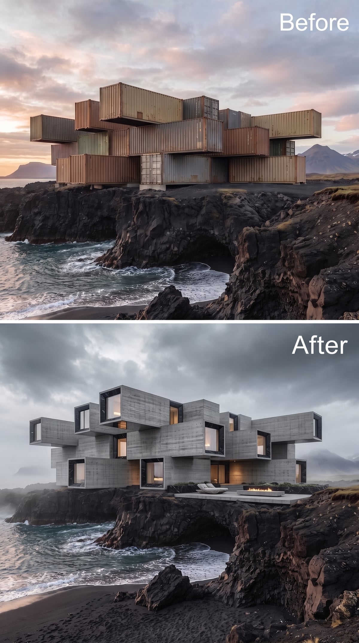 Stacked Concrete Volumes and Cantilevered Frames Above Iceland's Lava Shore