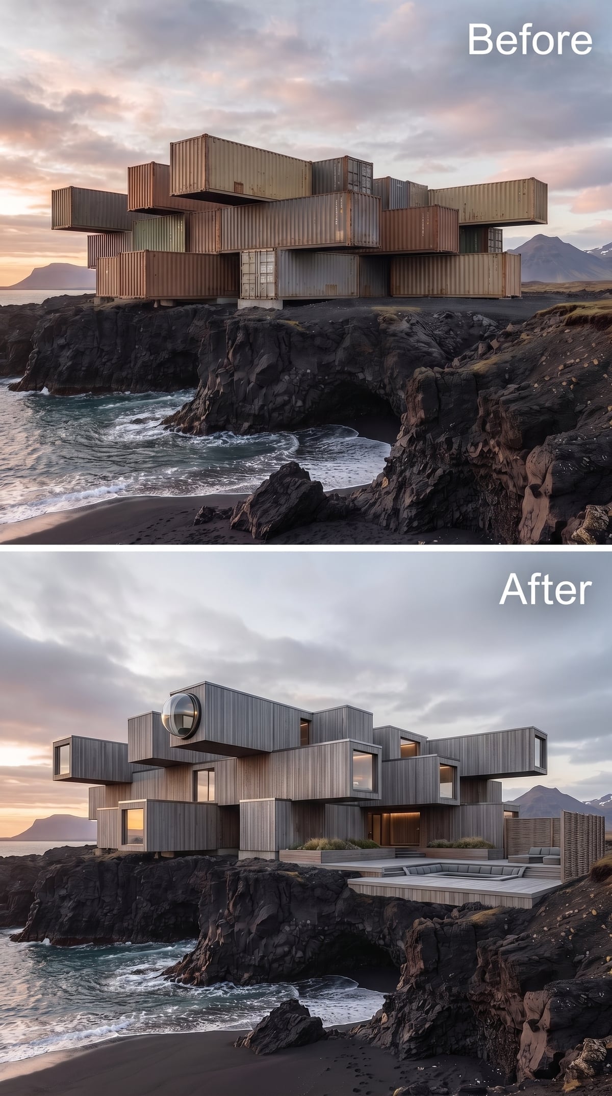 Vertical-Grain Cedar Volumes and a Circular Porthole on Iceland's Lava Cliffs