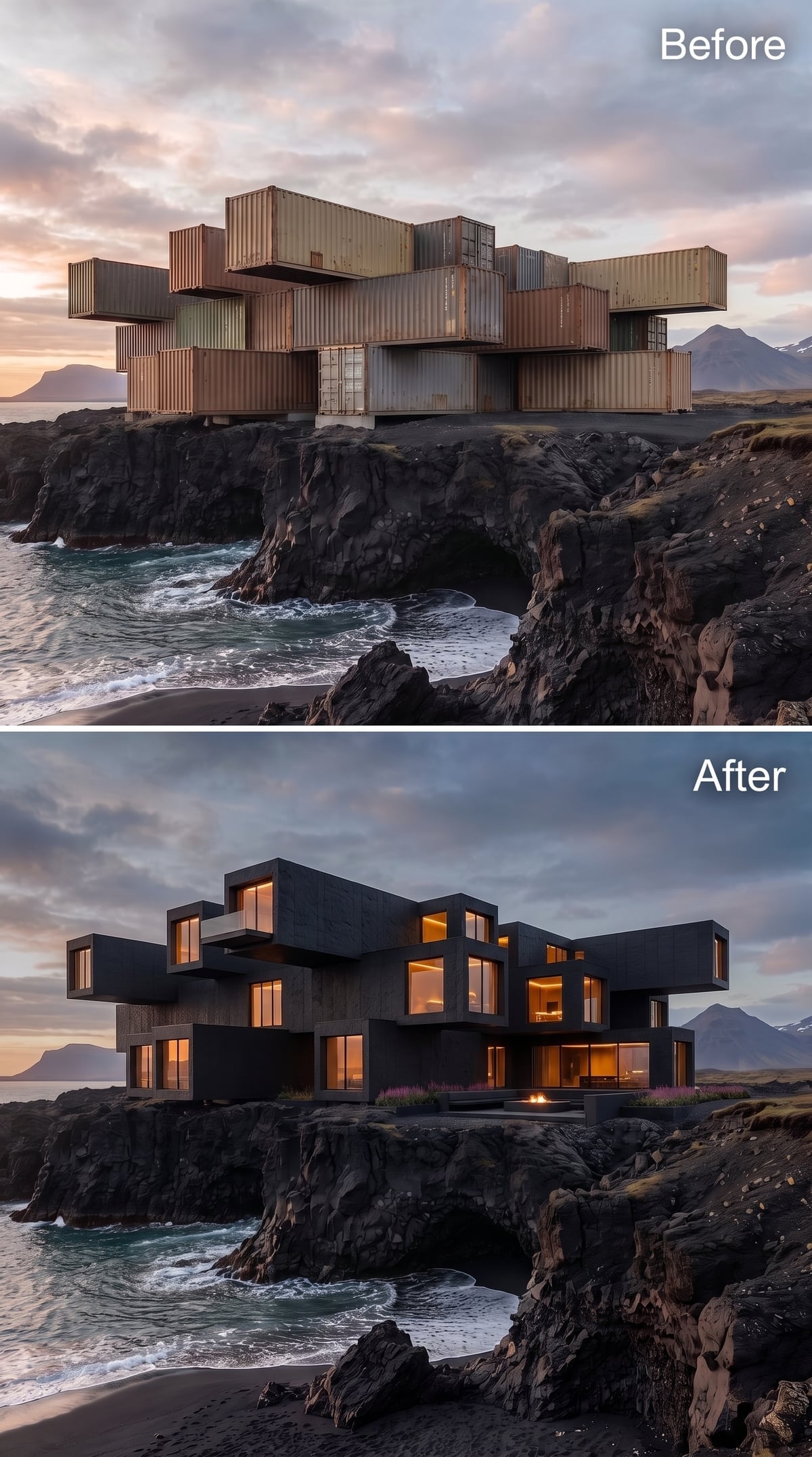 Volcanic Black Concrete and Warm-Lit Glass Volumes on Iceland's Lava Cliffs