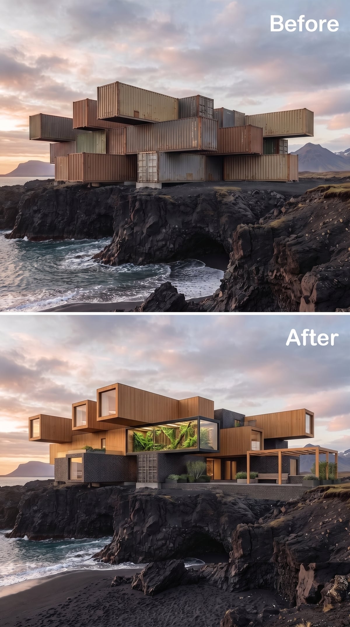 Warm Cedar Volumes and a Glass Garden Core Cantilevered Over Iceland's Volcanic Shore