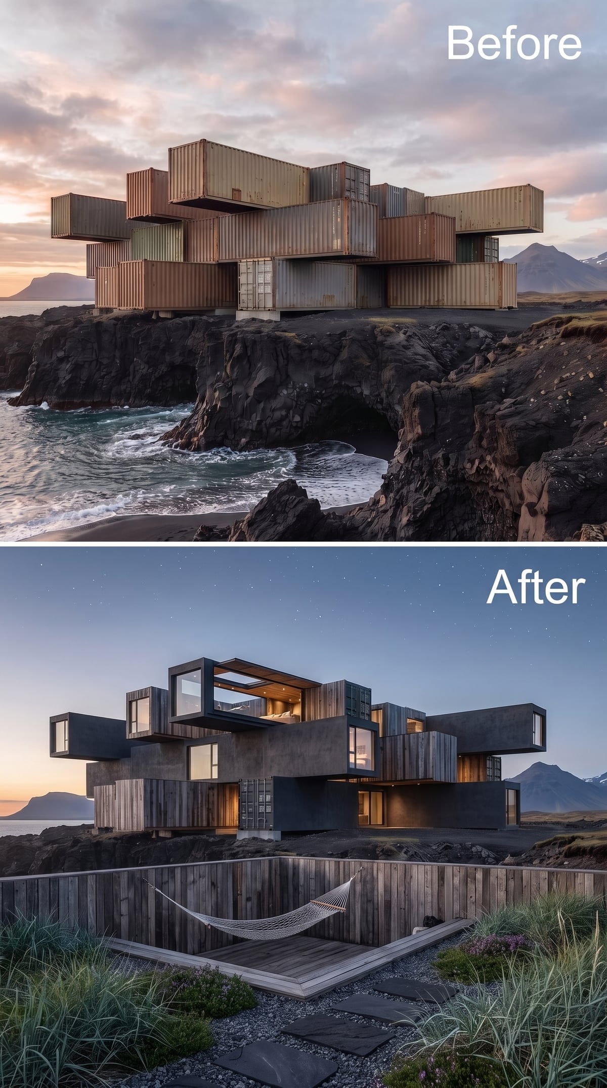 Weathered Cedar Cladding and a Hammock Terrace Anchored to Iceland's Black Cliffs