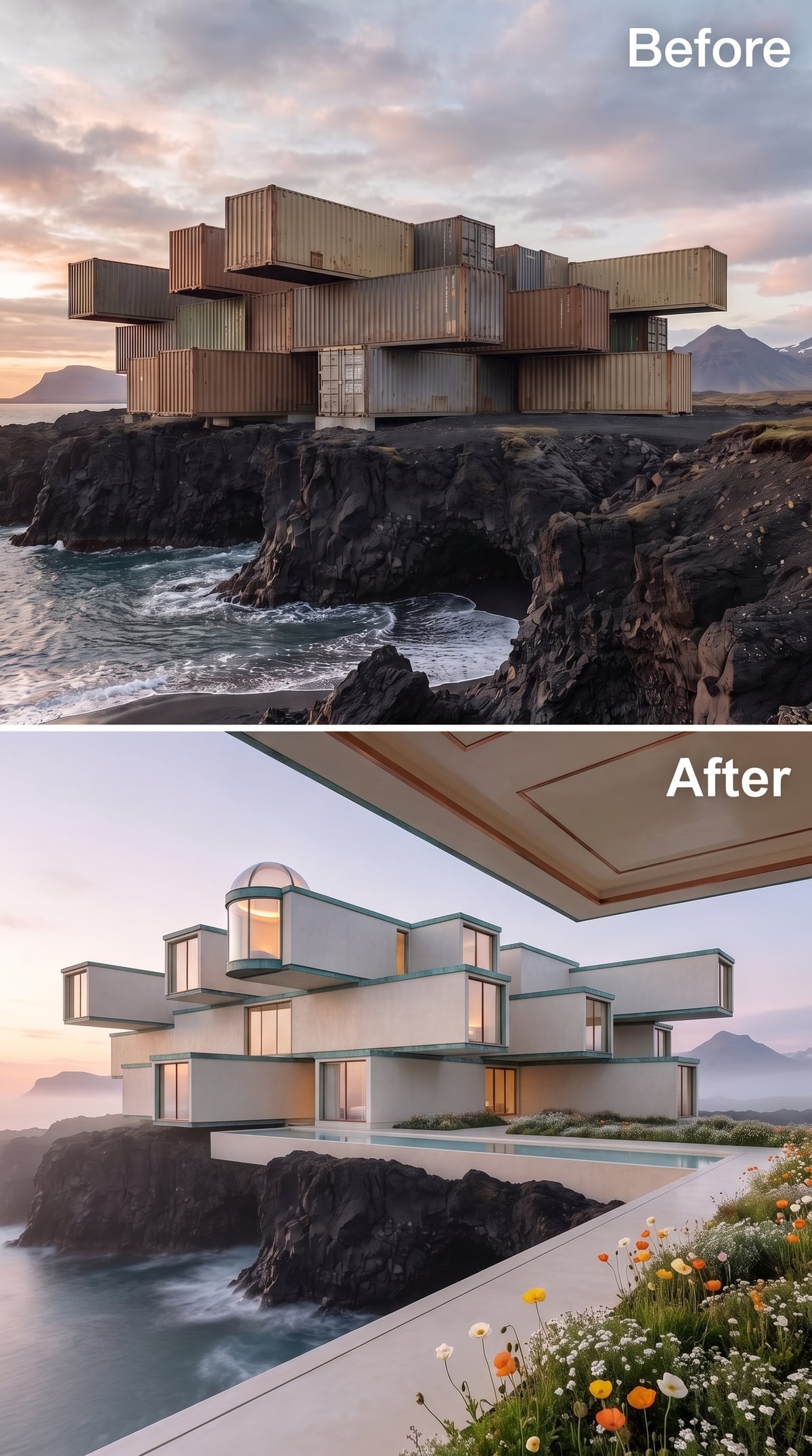 White Render Volumes and a Dome Turret Cantilevered Over Iceland's Lava Cliffs