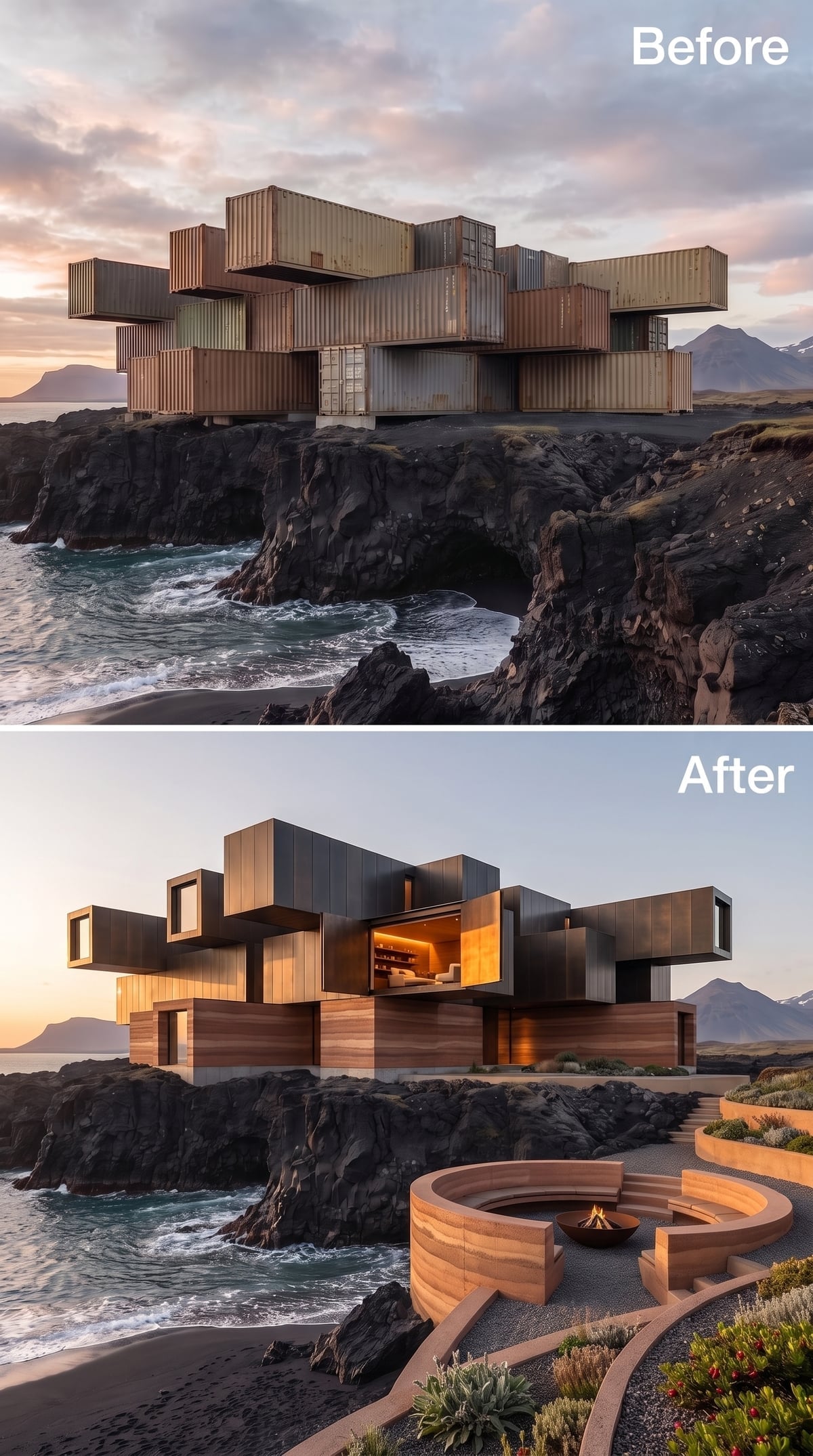 Wood-Clad Volumes and a Sunken Fire Pit Carved Into Iceland's Lava Shore