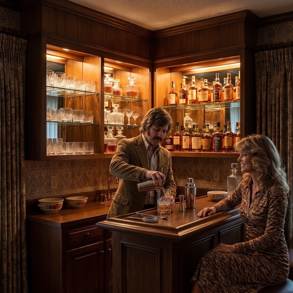 man mixing drink at family room bar with woman sitting on stool