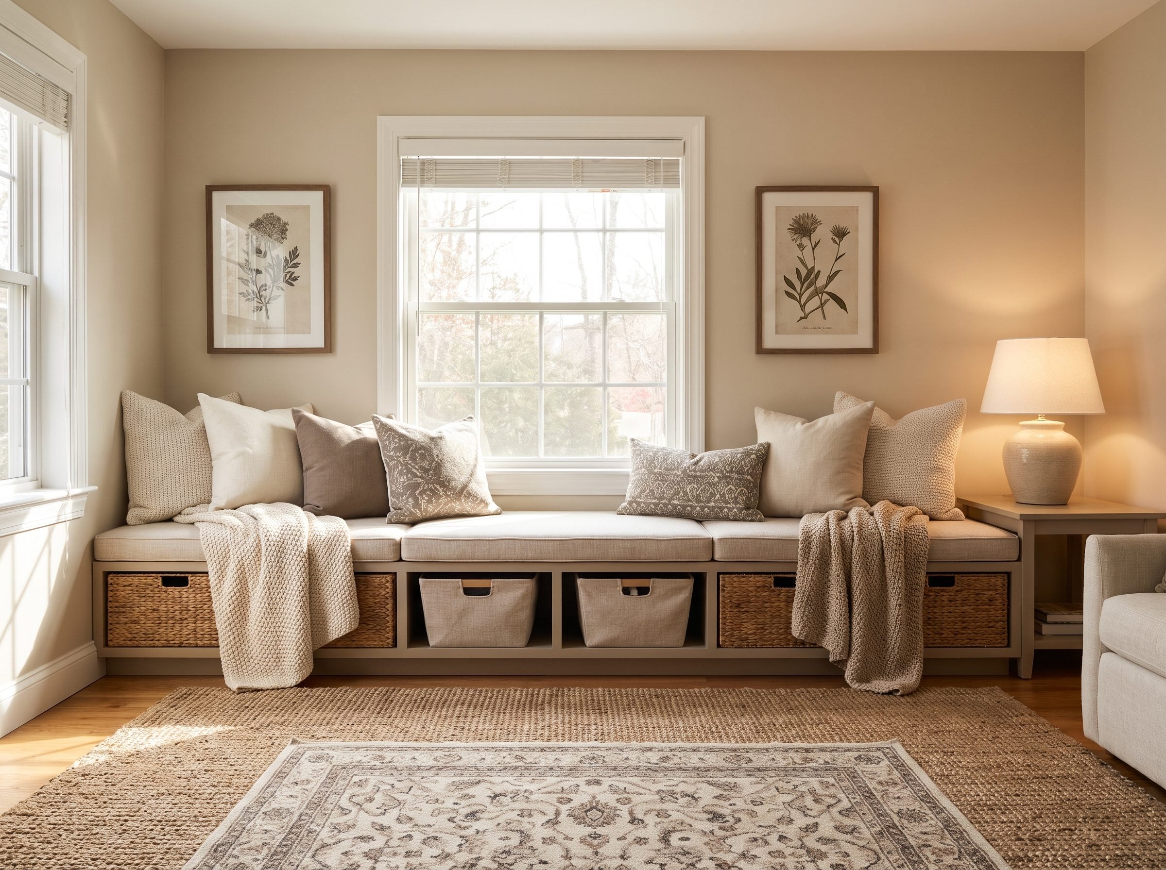 Family room with an eight-foot upholstered storage bench and four oak drawers along the left wall, facing a compact sofa