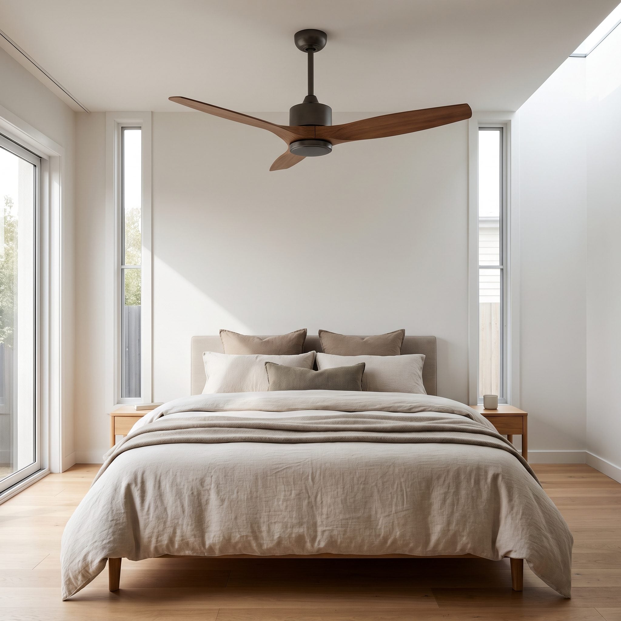 Bedroom with a 42-inch flush-mount ceiling fan centered over a queen bed on an eight-foot ceiling.