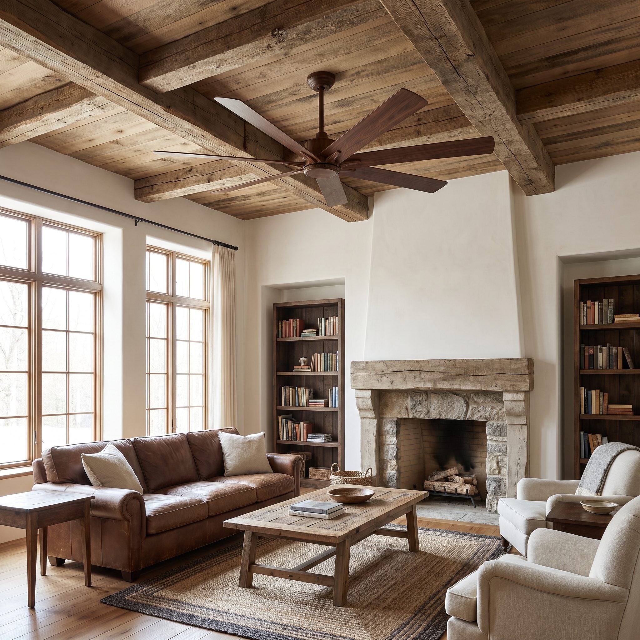 Vaulted living room with a matte black ceiling fan centered in the bay between two stained wood beams above an