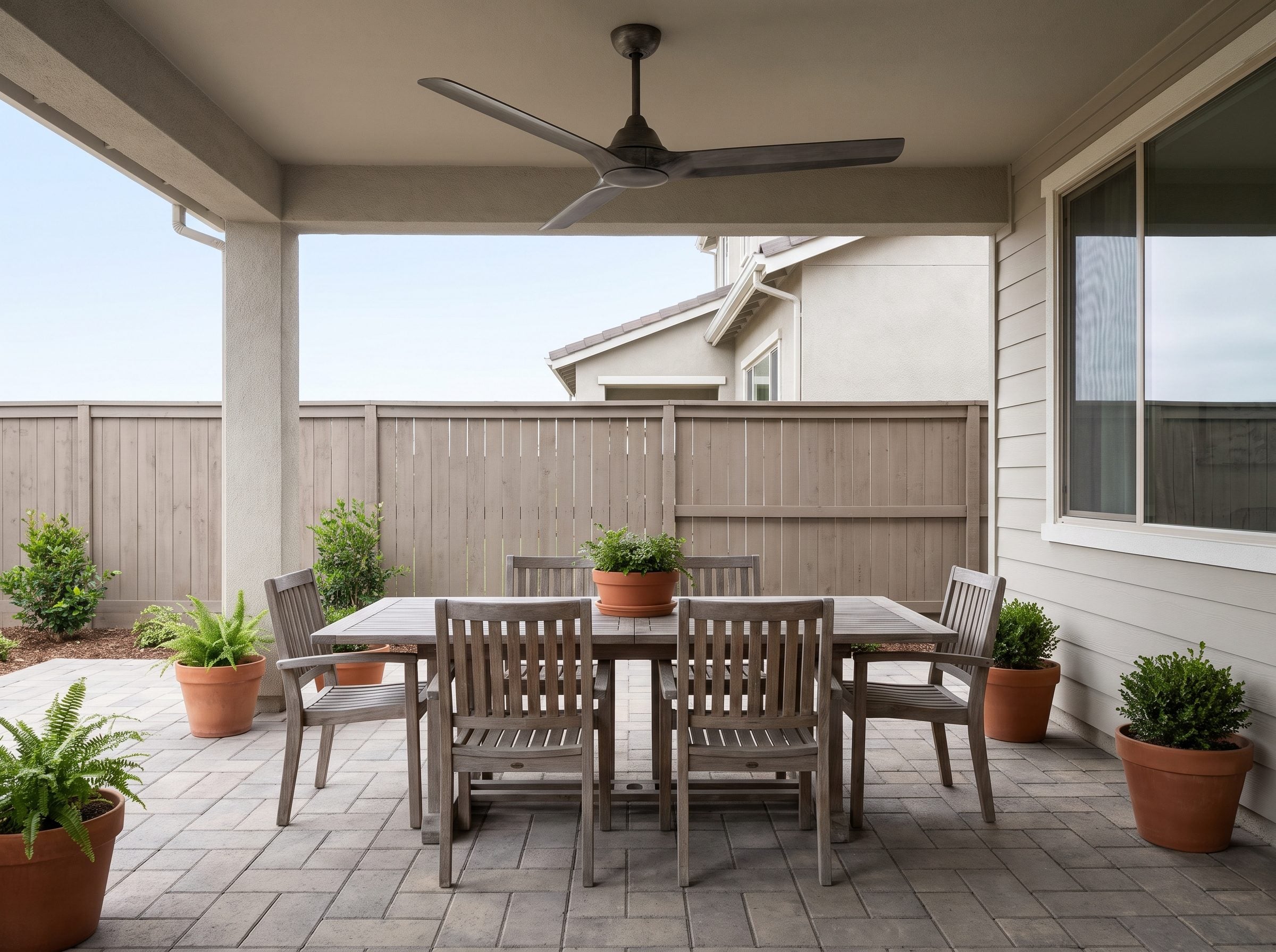 Covered patio with a 52-inch bronze ceiling fan centered over an 84-inch teak dining table.