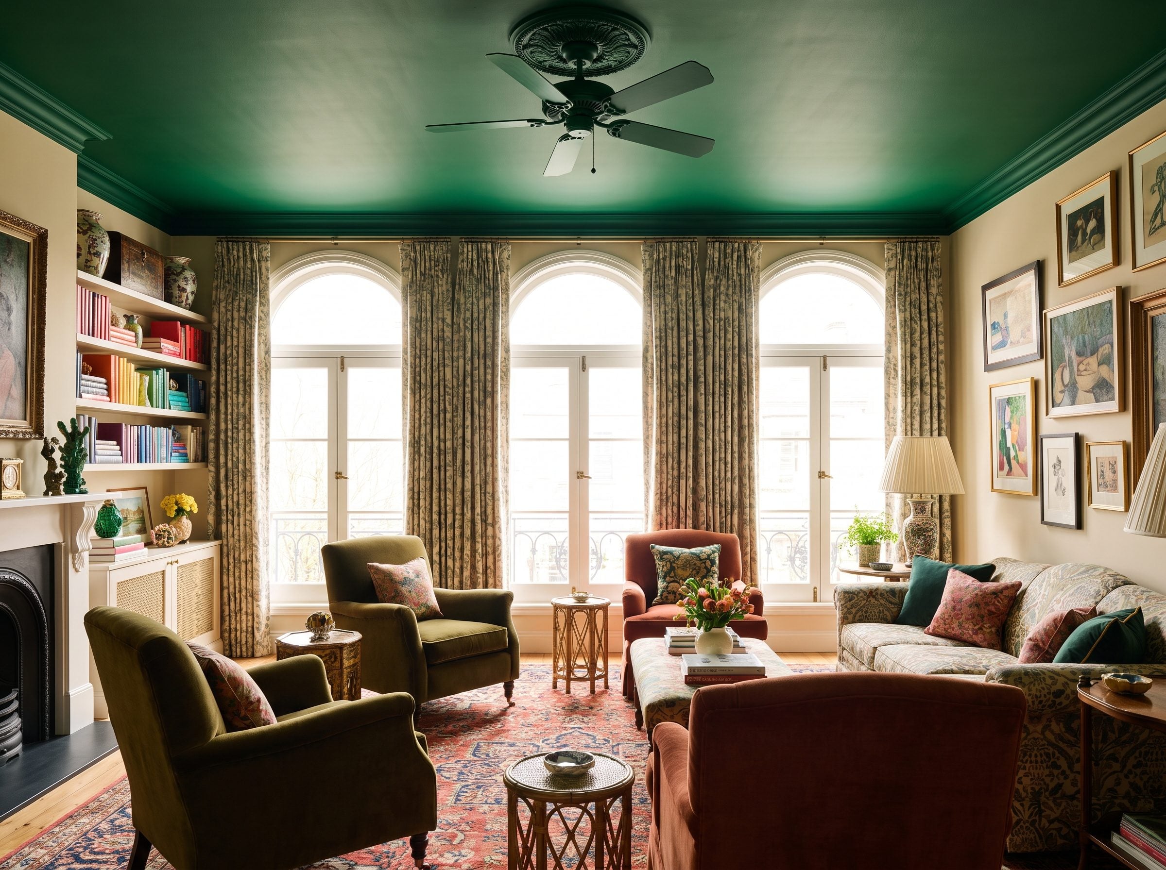 Den with an olive ceiling and a matching olive five-blade ceiling fan mounted in the center above an 84-inch sofa.