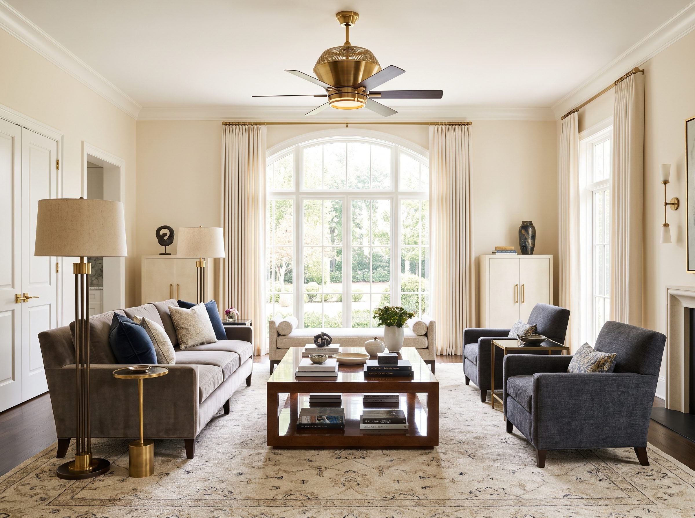 Bedroom with an aged brass ceiling fan matching the aged brass wall sconces and dresser pulls.