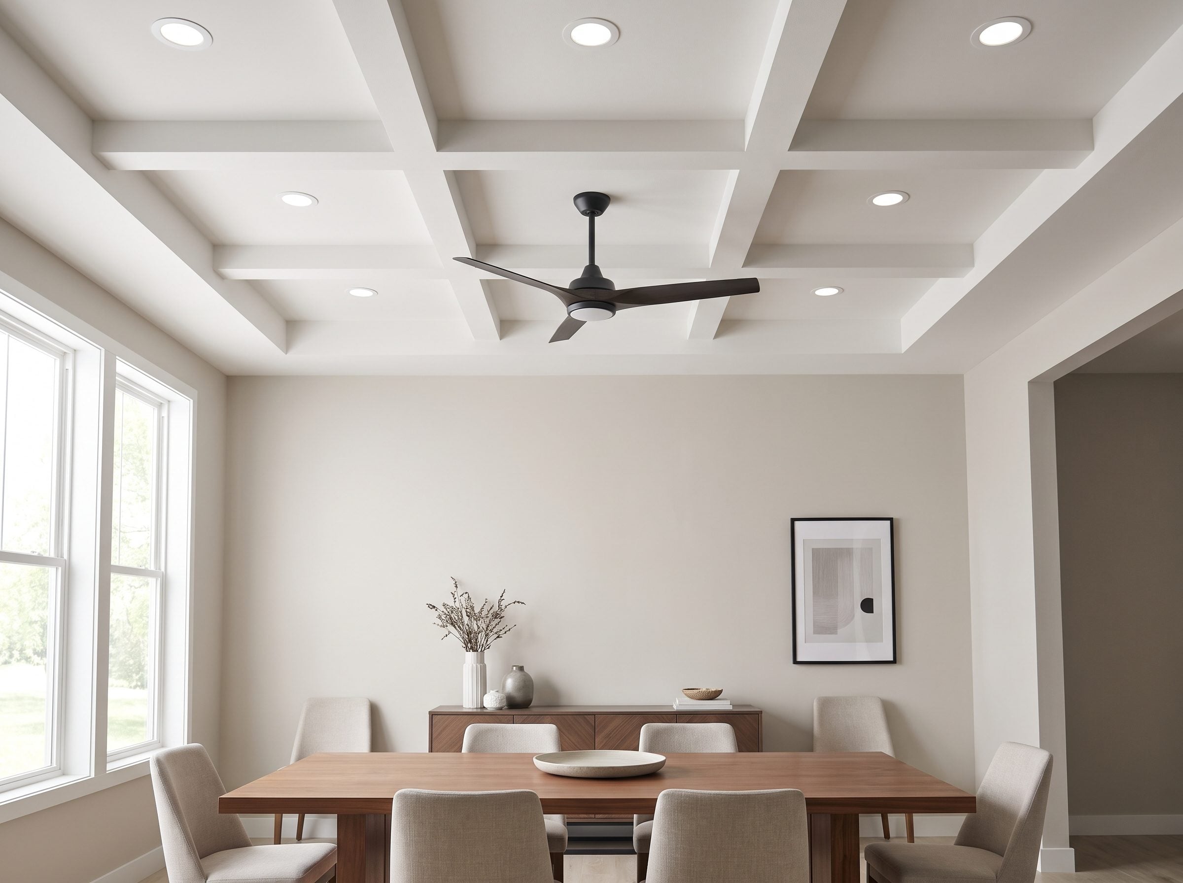 Dining room with a bladed ceiling fan centered over a walnut table and six recessed cans ringing the ceiling perimeter.
