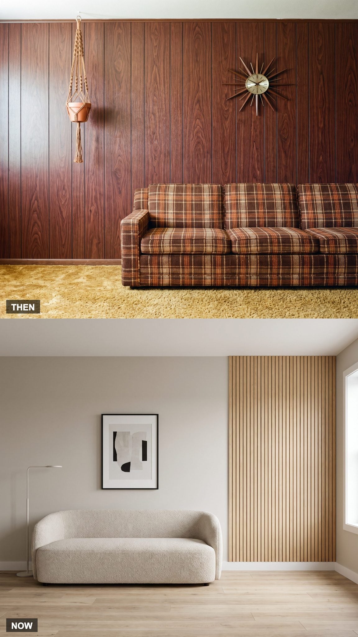 Faux-Wood Paneling → Painted Drywall with Real Wood Accents