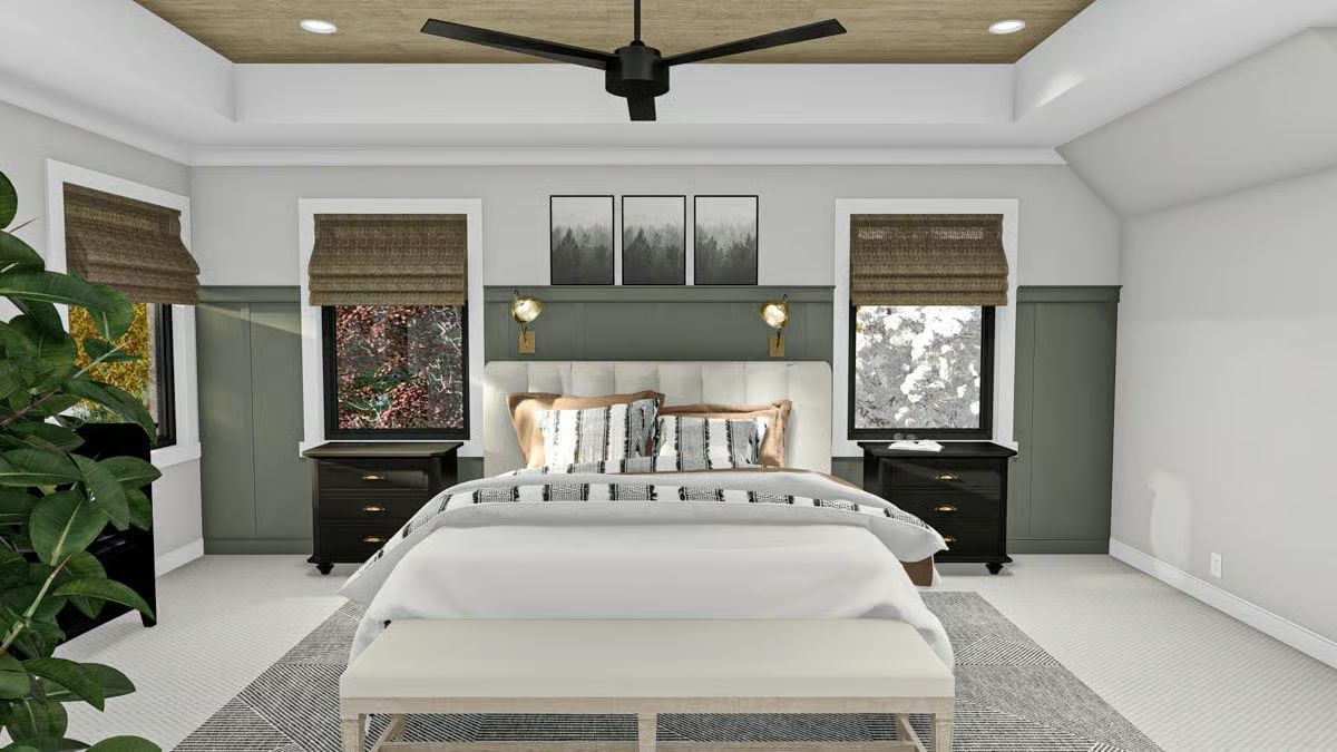 Olive Paneling, Gold Sconces, and a Tray Ceiling That Pulls the Room Together