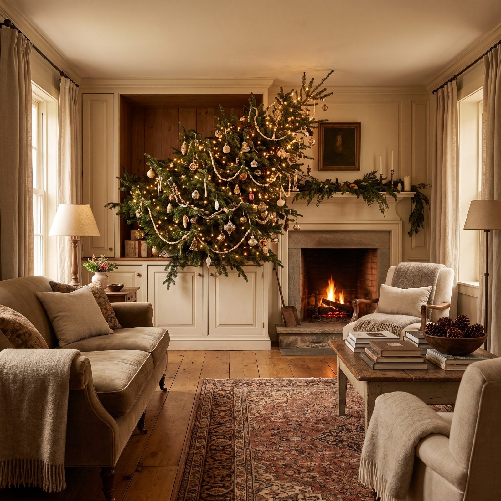 Small living room with a full Christmas tree crammed into a shallow alcove, branches overhanging both flanking bookshelves