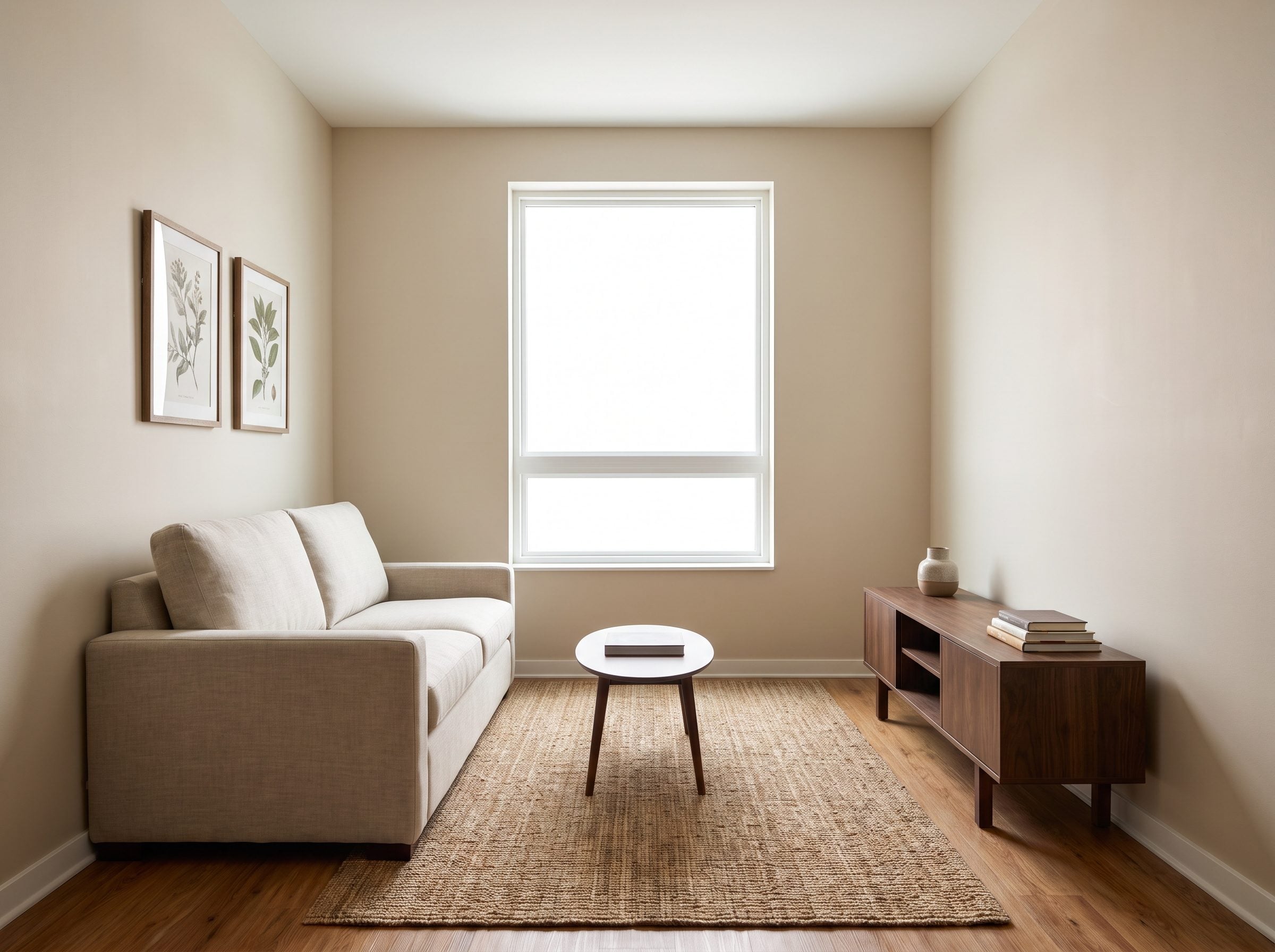 A 9-by-11-foot living room with the sofa against the back wall, a shallow media cabinet on the opposite wall, and a round