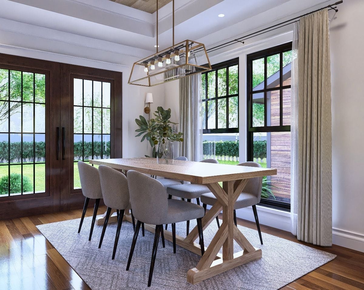 Brass Pendants and a Trestle Base Keep Dinner Conversation Going Past Dessert