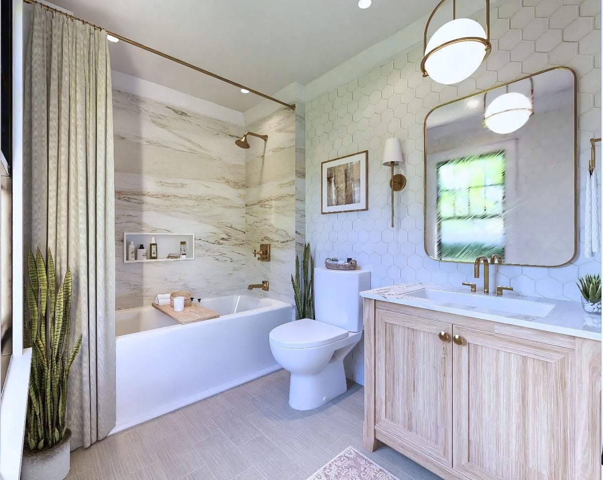Hexagonal Tile and Gold Hardware Turn a Simple Bathroom Into Something Worth Waking Up For