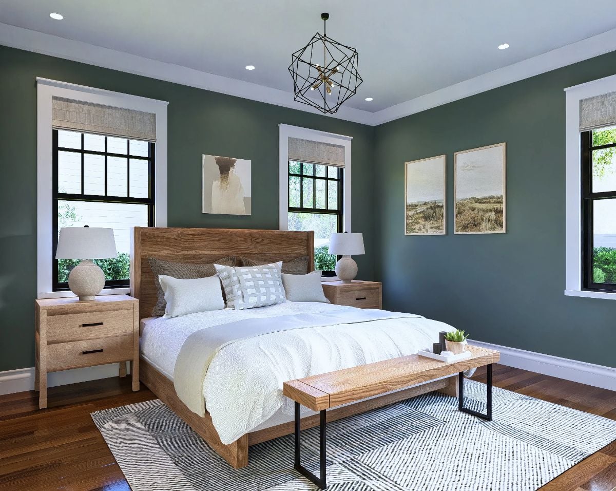Sage Walls and Light Wood Make This Bedroom Feel Like a Walk in the Woods