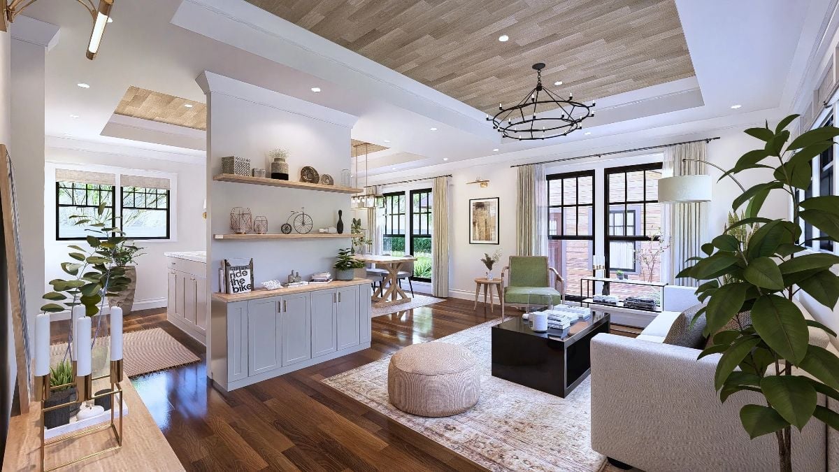 Wood Ceiling Planks and a Black Chandelier Do the Heavy Lifting Here
