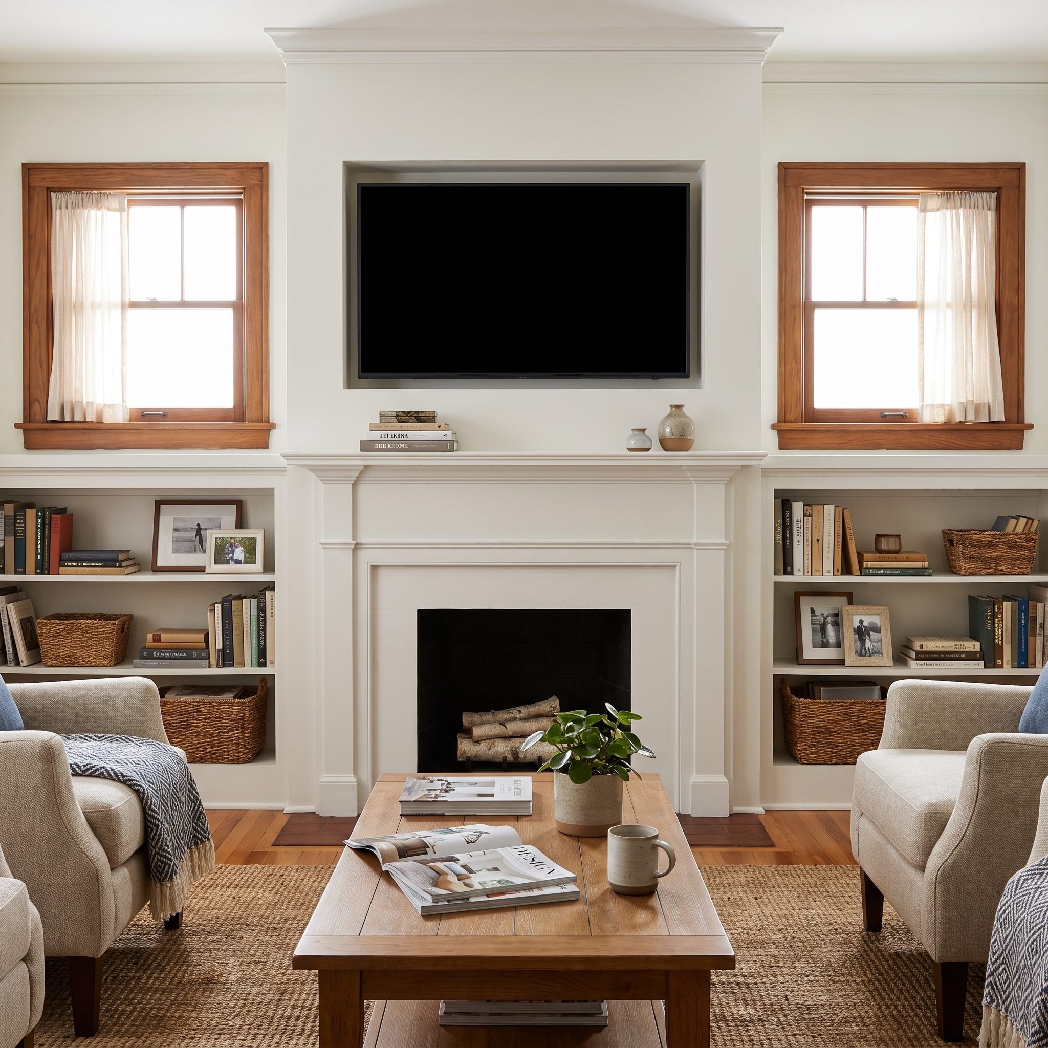 The Fireplace Between Windows That Leaves the TV Visually Cramped