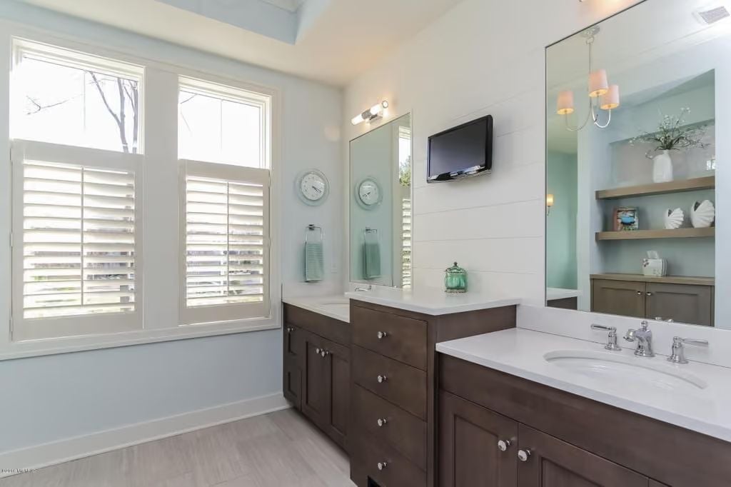 Plantation Shutters, Double Vanities, and a TV Above the Tub You'll Never Regret