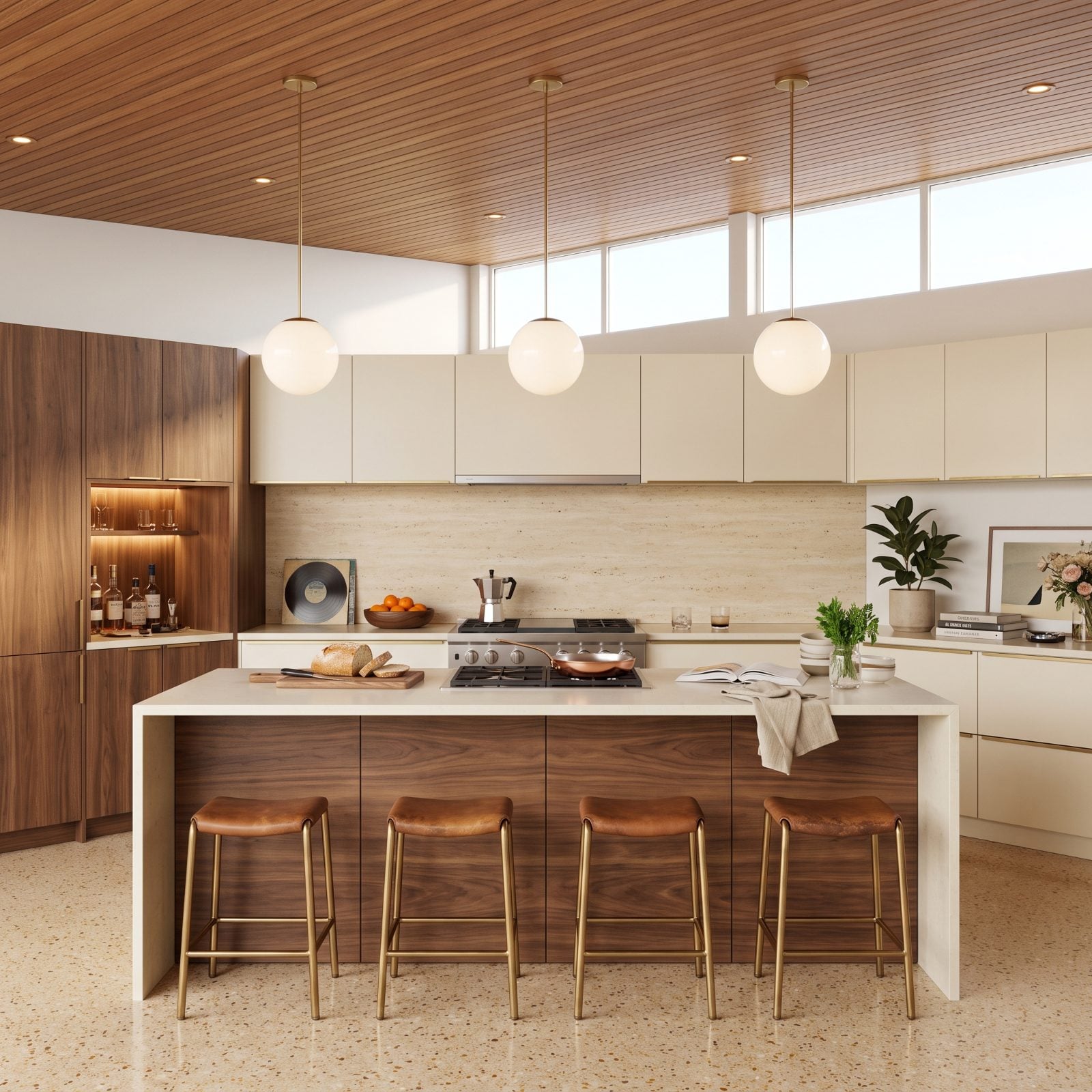 Flat Cream Fronts Against a Grain-Matched Walnut Wall