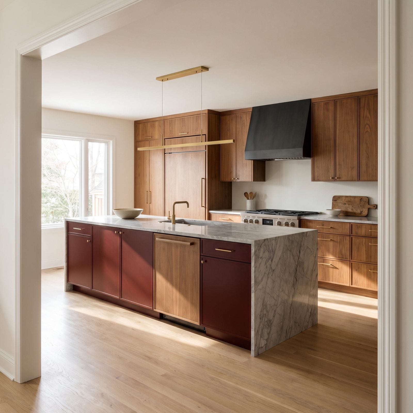 Flat-Panel Walnut Kitchen With an Oxblood Island