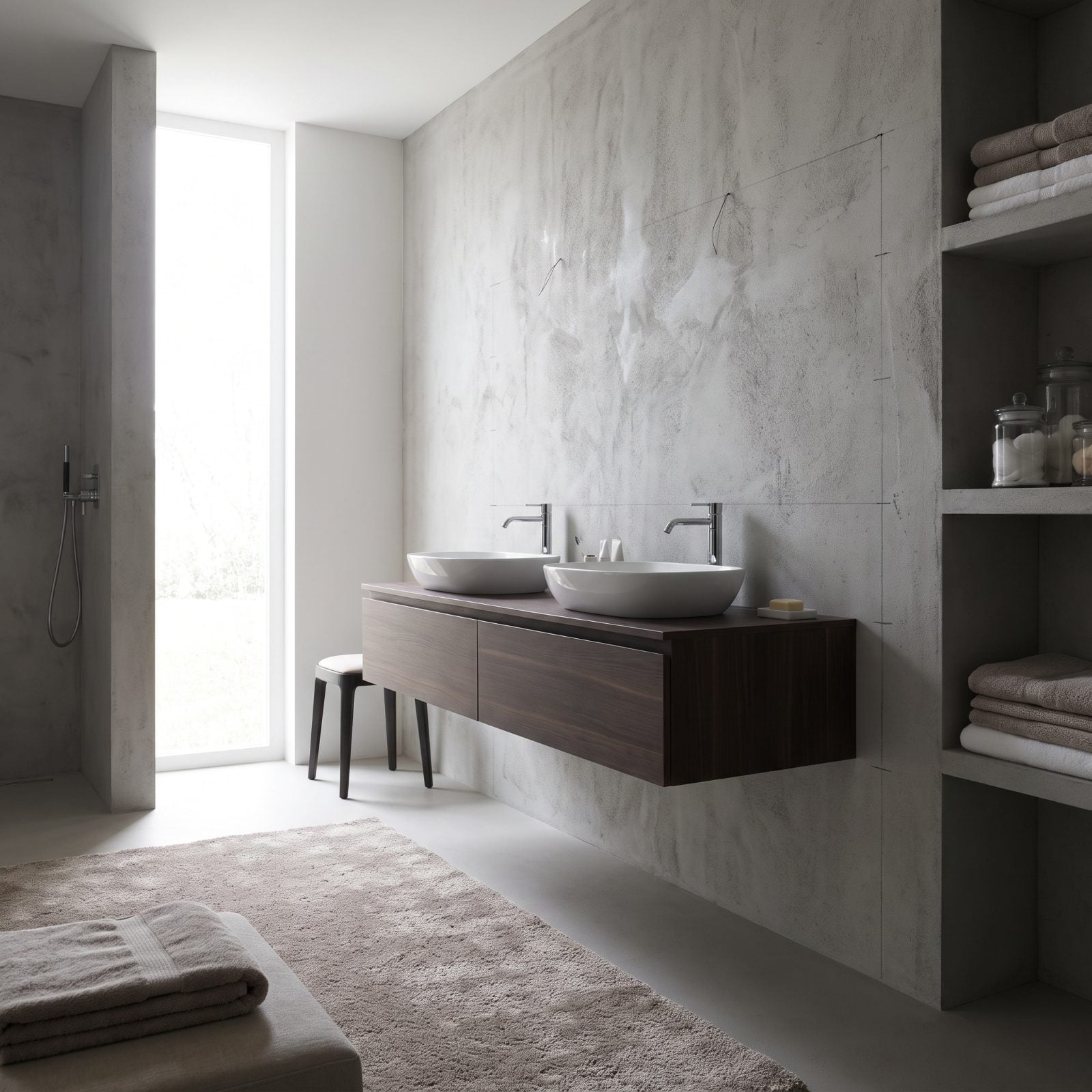Floating oak double vanity mounted low, with the counter at about thirty inches off the floor.