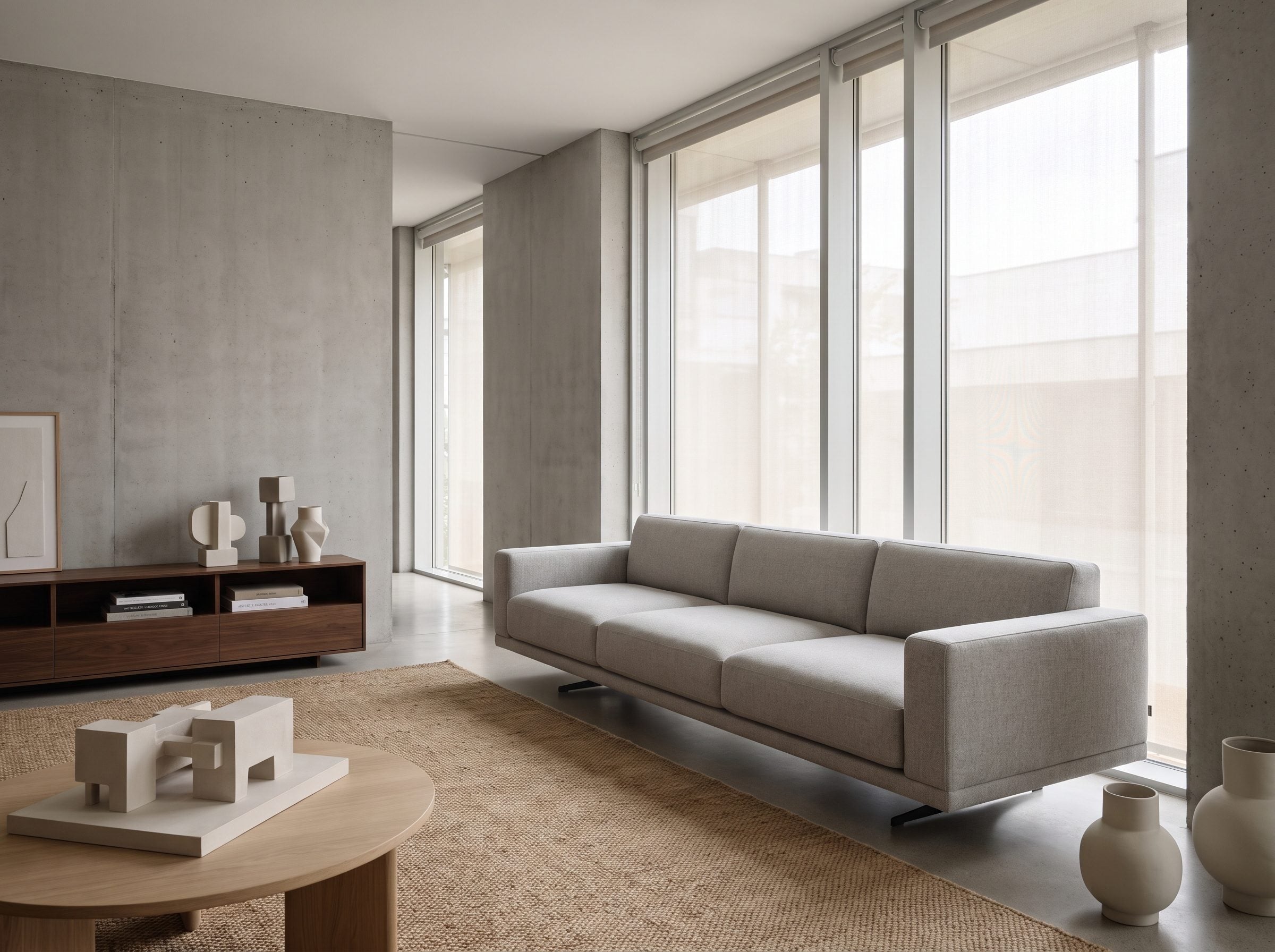 Living room with an 84-inch linen sofa pulled six inches forward of the window, a narrow walnut console table filling the