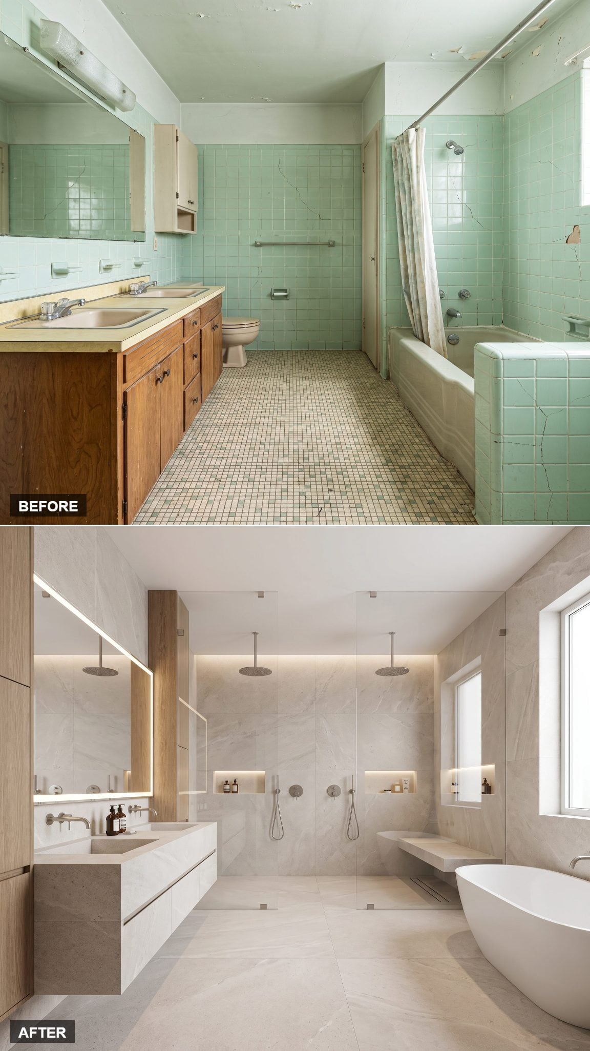 Floating Stone Vanity Meets a Double Walk-In Shower