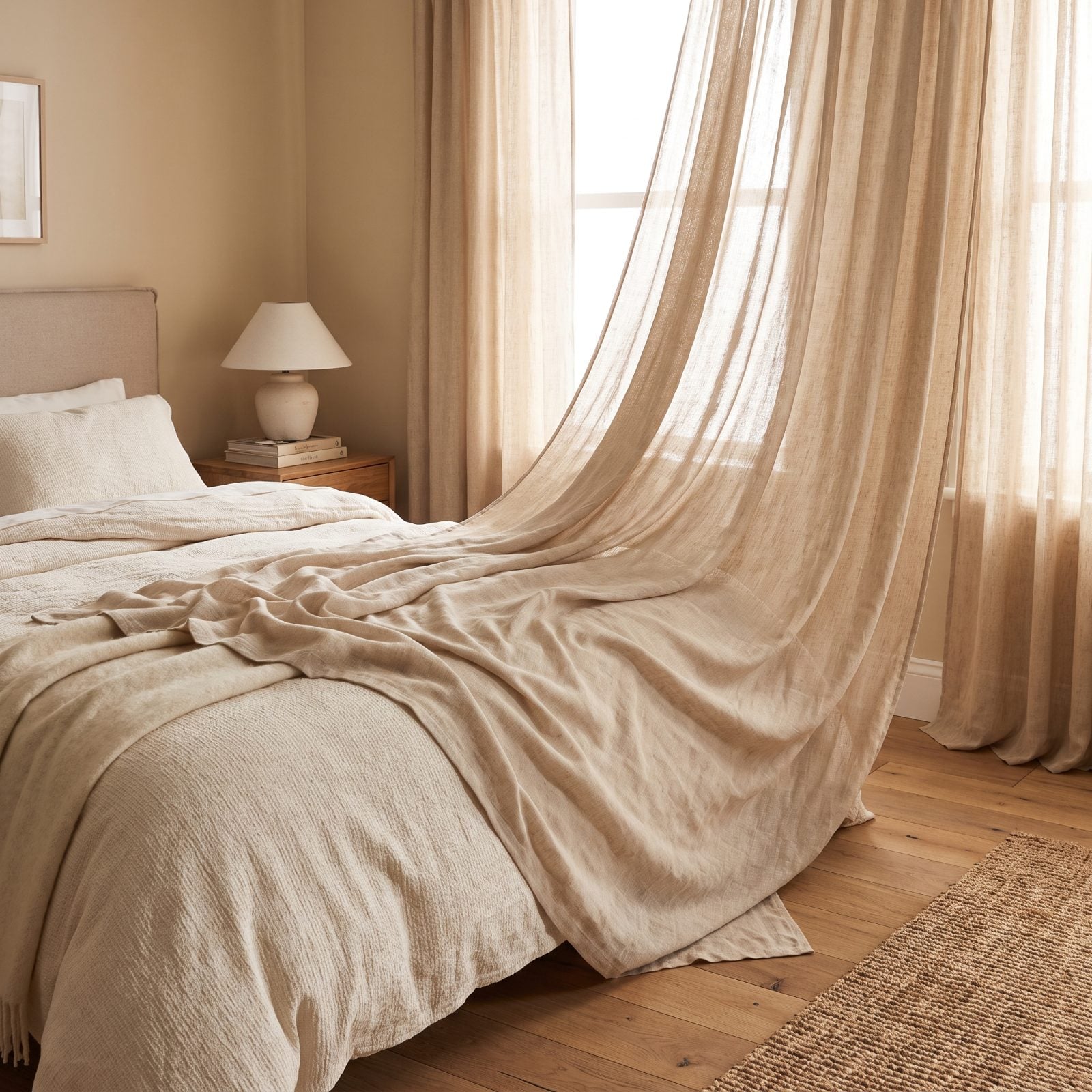 Floor-Length Drapes Pooling Right Across the Bed