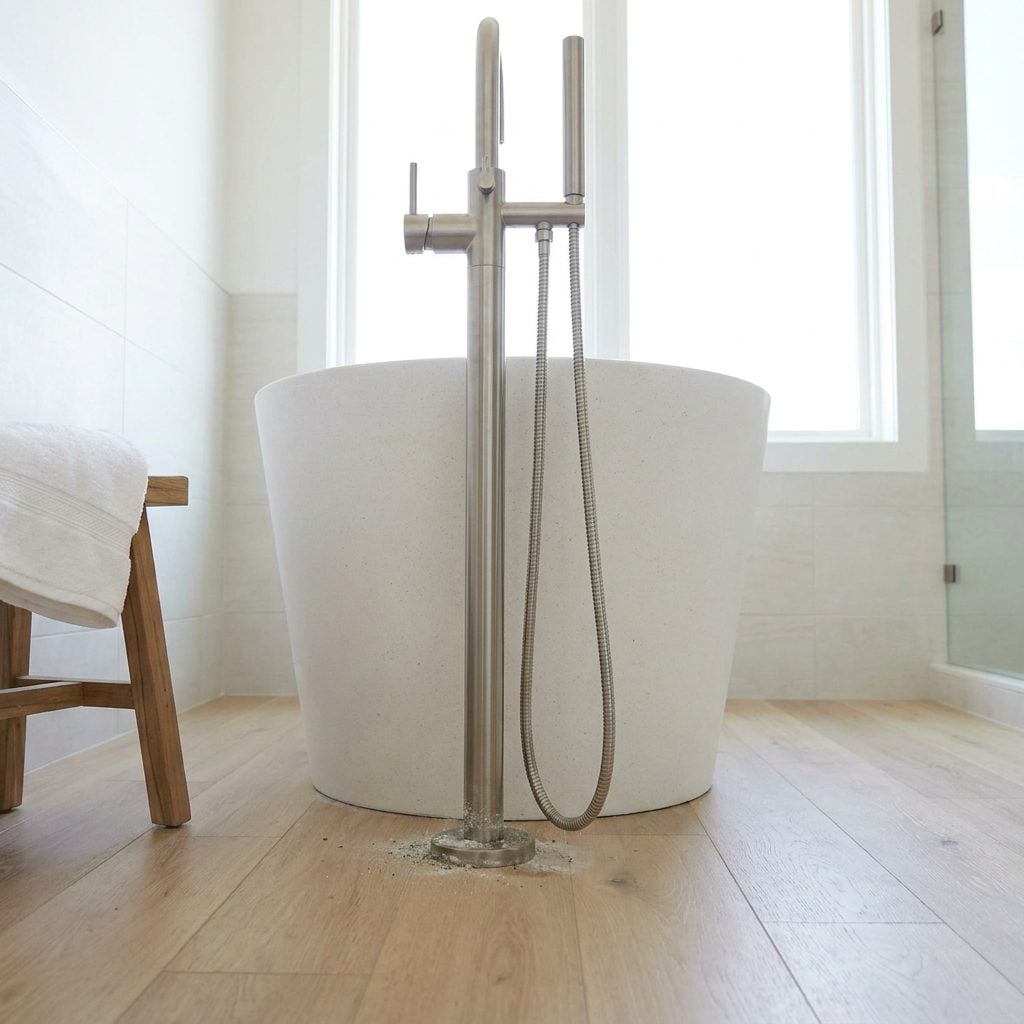 Floor-Mounted Faucet Behind the Tub, Dust Traps Everywhere