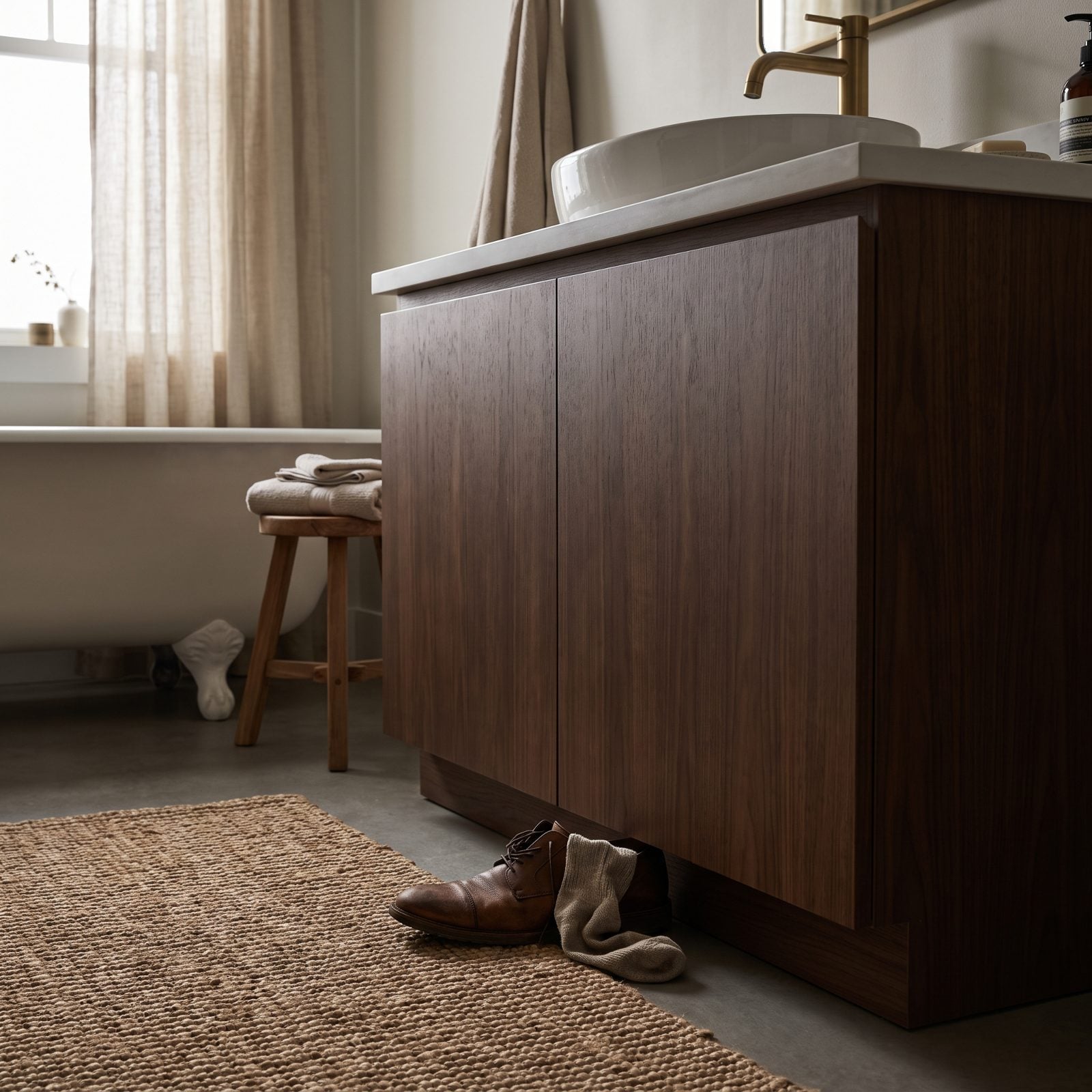 Base of a floor-standing double vanity with a flush face and no recessed toe kick.